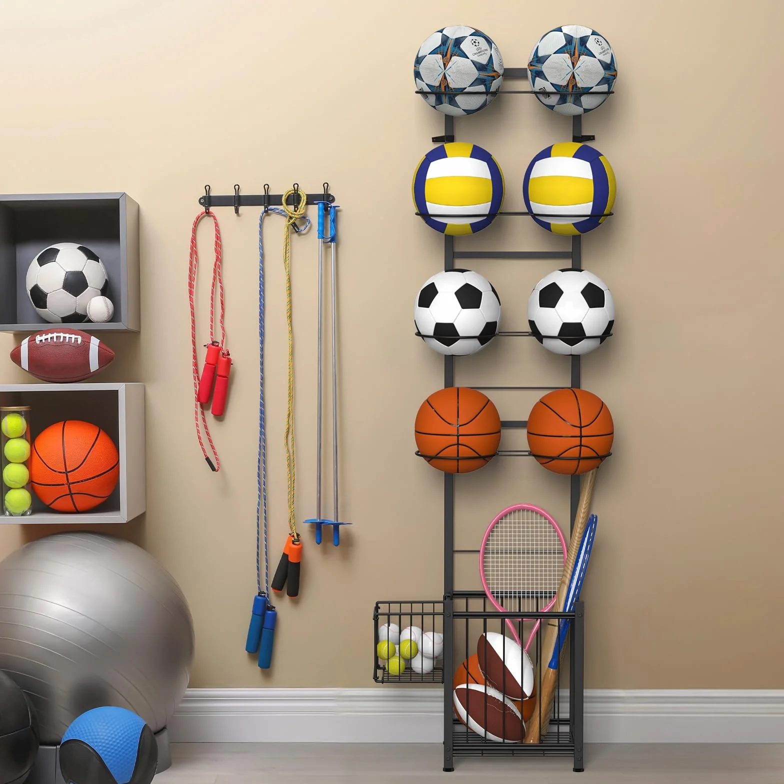 CADUKE Basketball Storage Rack for Garage, 8 Balls Holder for Sports Indoor Outdoor Black