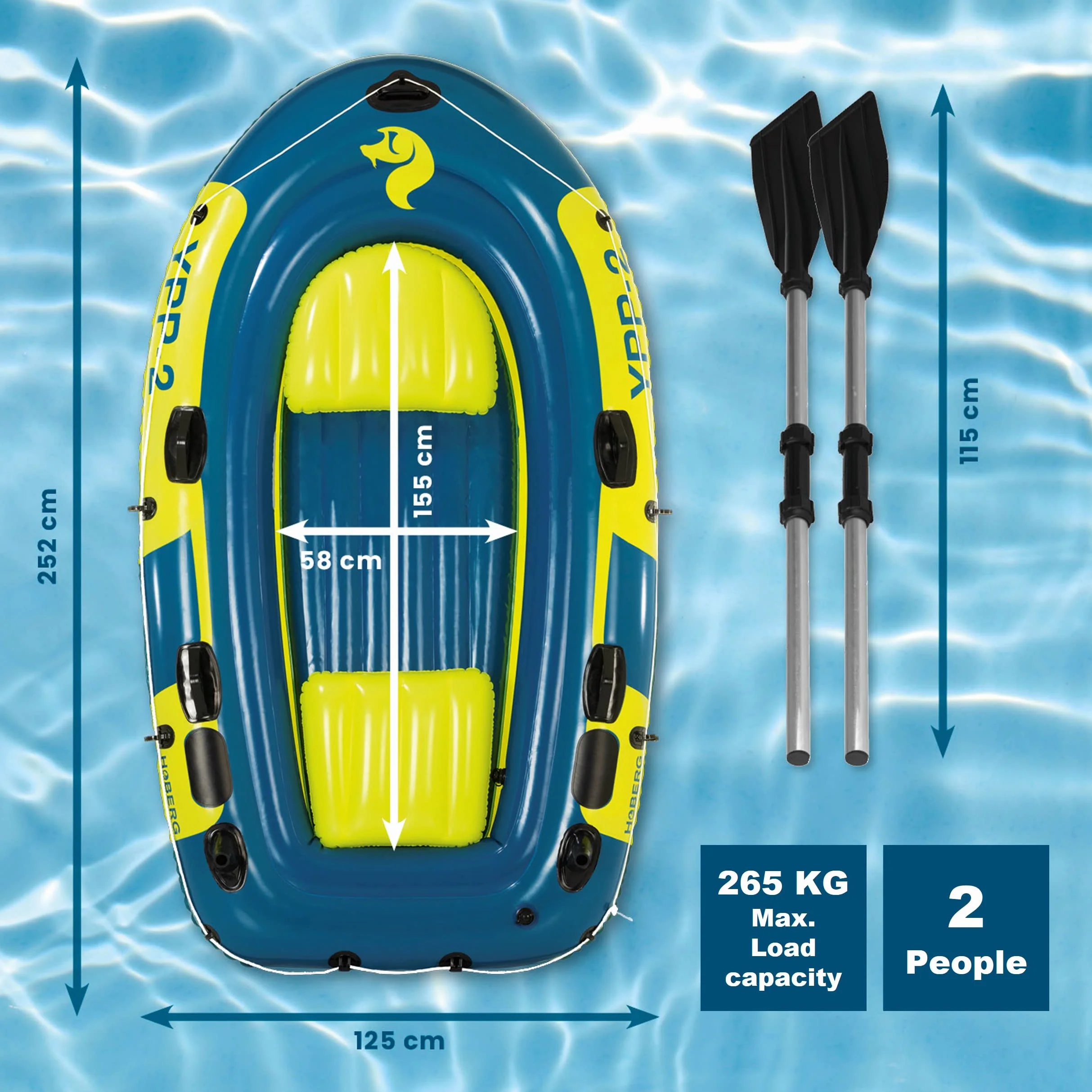 Hoberg Ponton 2-osobowy 4-osobowy z 2 ławkami, wiosłami, pompką, zestawem naprawczym, uchwytami wędkarskimi, Dry Bag, PCW