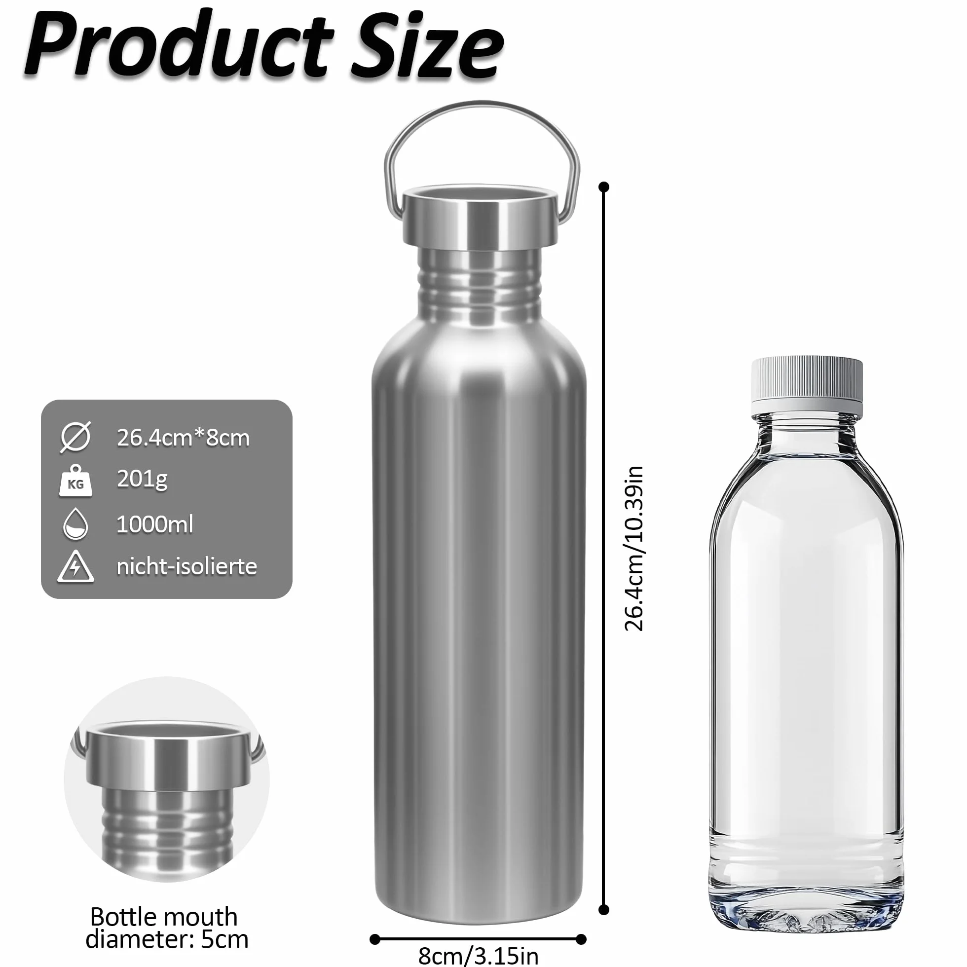 Butelka na wodę ze stali nierdzewnej 1000 ml, butelka na wodę z dwoma pokrywkami, lekka butelka na wodę wielokrotnego użytku, szczelna, bez BPA, do sportu, biura, jogi, jazdy na rowerze