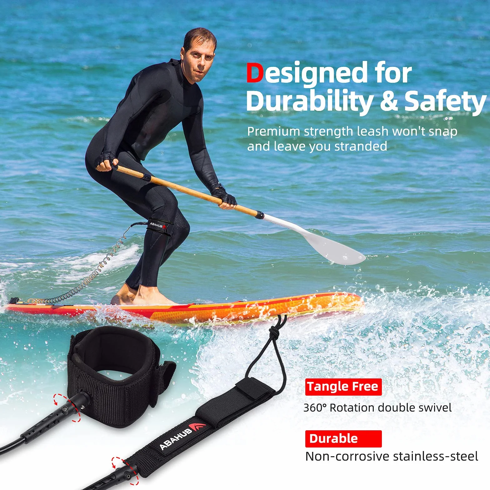 Abahub Wysokiej jakości zwijana smycz SUP, stand up Paddleboard Legrope, 3 m, czarna, grubość 7 mm, do deski surfingowej, deskorolki Boogie