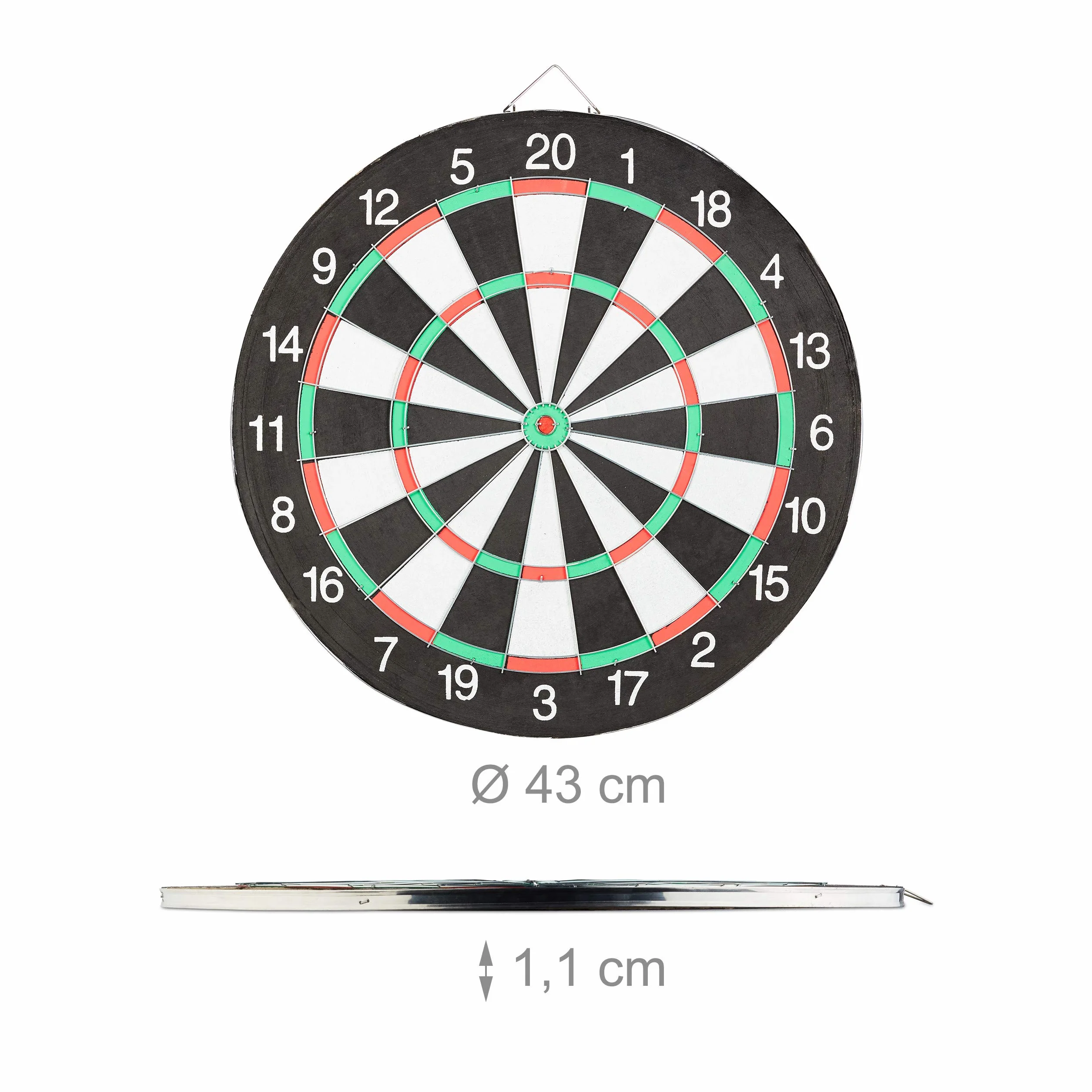 Relaxdays Tarcza do rzutek X1 z rzutkami, 43 cm, 6 x rzutki, dwustronna, stalowe rzutki, klasyczna tarcza do rzutek, czarno-biała