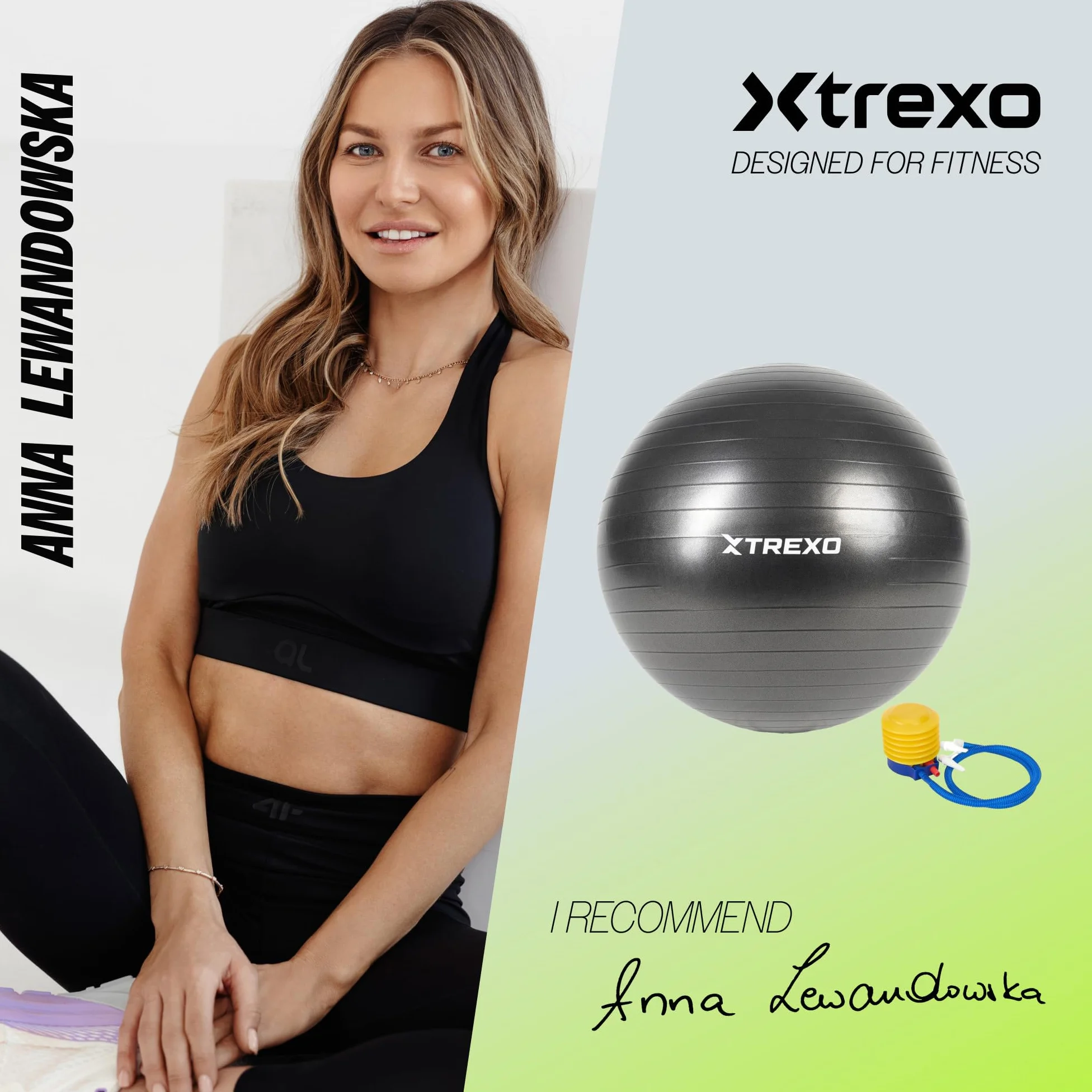 TREXO Piłka gimnastyczna o średnicy 75 cm w kolorze czarnym, zestaw z pompką, wyprodukowana z PCW, lekka i stabilna, zapewnia dobre trzymanie, idealna do pilatesu