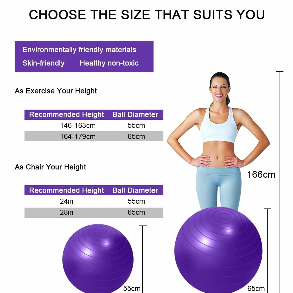flintronic Piłka gimnastyczna, 65 cm, ultra gruba, antywybuchowa piłka do jogi z pompką nożną do pompowania, wytrzymała piłka fitness o maksymalnej nośności do sportu, fitnessu, jogi, pilatesu
