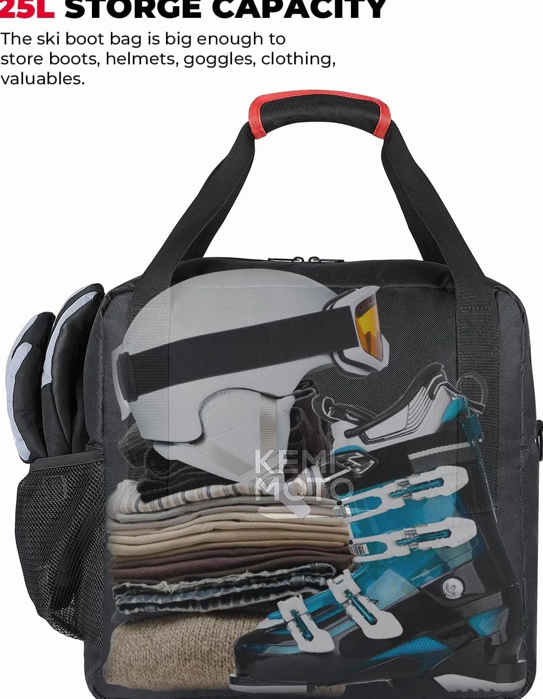 KEMIMOTO Torba na buty narciarskie Combo, torba na buty narciarskie do 200 cm, torba na buty narciarskie 25 l, wodoszczelna torba na narty z kratką wentylacyjną, wytrzymała torba na narty do jazdy na