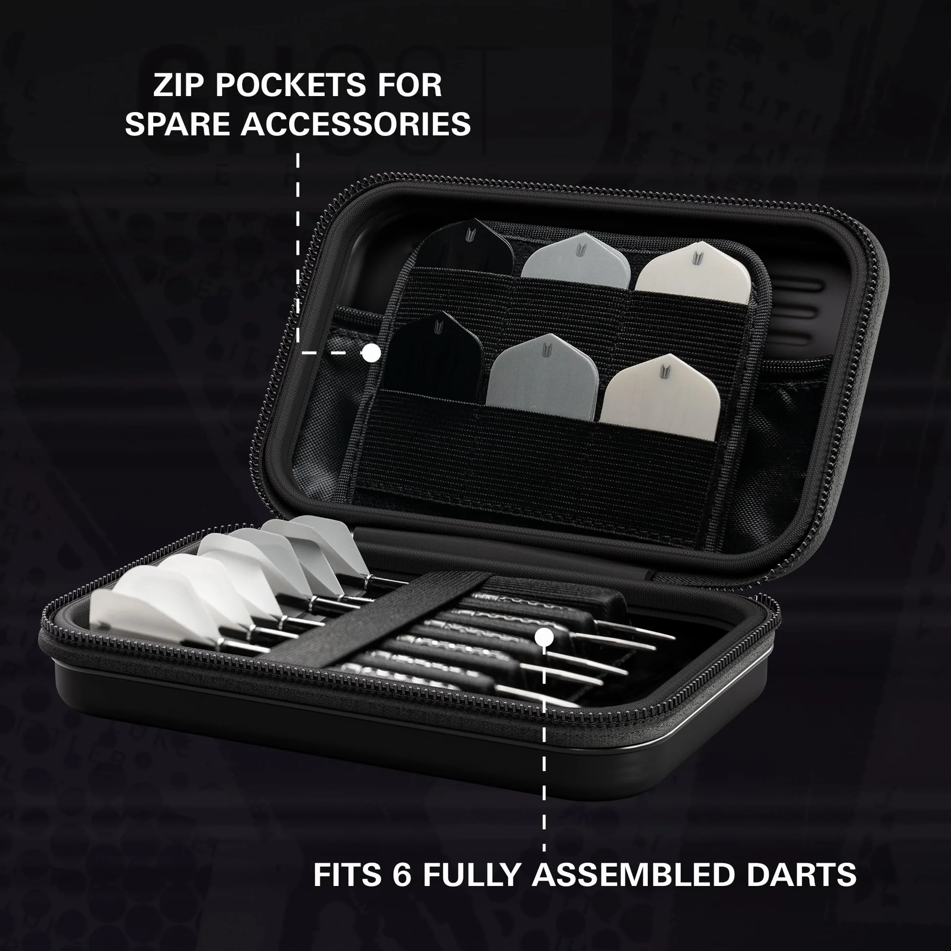 Target Darts Luke Littler Ghost Series XL Takoma Wallet – “The Nuke” profesjonalne etui na 6 zmontowanych rzutek, czarno-białe, z zamkiem błyskawicznym, idealne do przechowywania akcesoriów.
