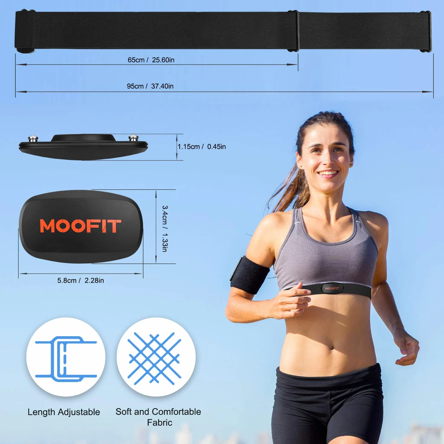 moofit ANT+ pulsometr, Bluetooth, HRM, pasek na klatkę piersiową, wodoodporny, kompatybilny z Zwift, Rouvy, Strava, DDP Yoga dla iOS, Android, bieżni..