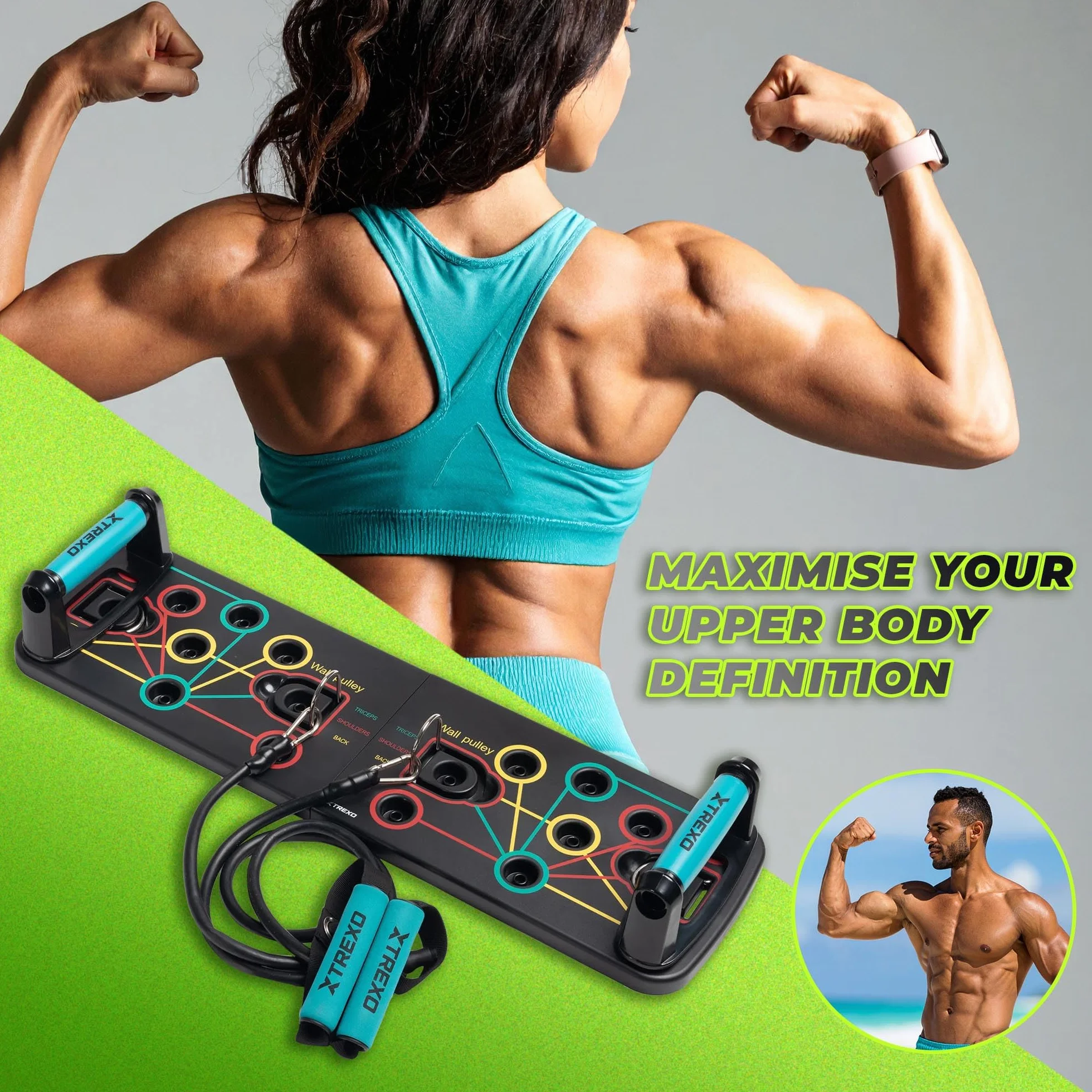 XTREXO Wielofunkcyjna deska do pompek w kolorze czarnym, z kodami kolorystycznymi, urządzenie do fitnessu z tworzywa ABS i TP Comapect, 66 x 20 x 2 cm, uniwersalny trening siłowy, antypoślizgowe