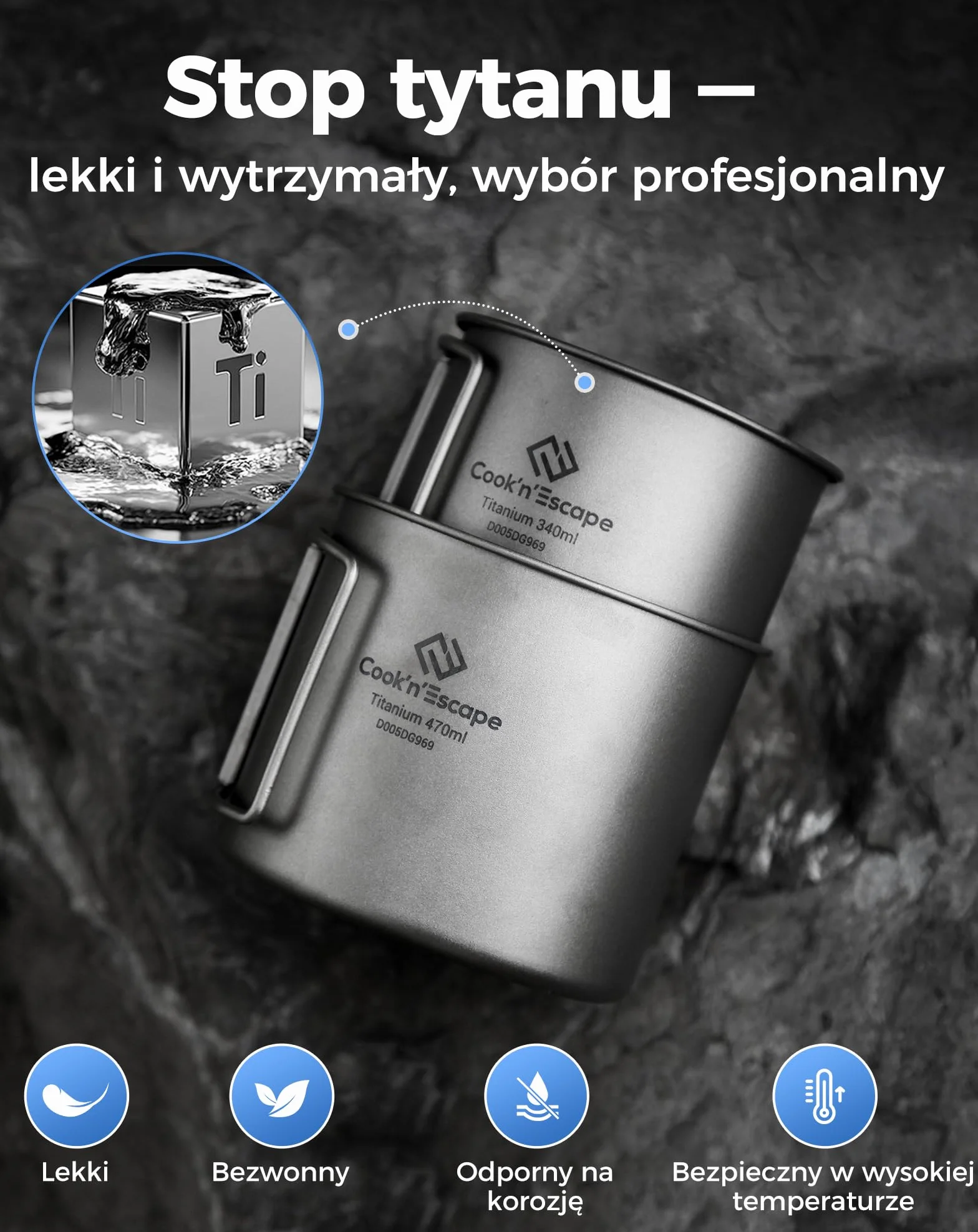 COOK'N'ESCAPE Tytanowe kubki kempingowe, zestaw 2 szt., 340 ml + 470 ml, lekkie i przenośne, odporne na ciepło, ze składanym uchwytem, idealne na kemping, wędrówki, podgrzewanie wody i parzenia kawy