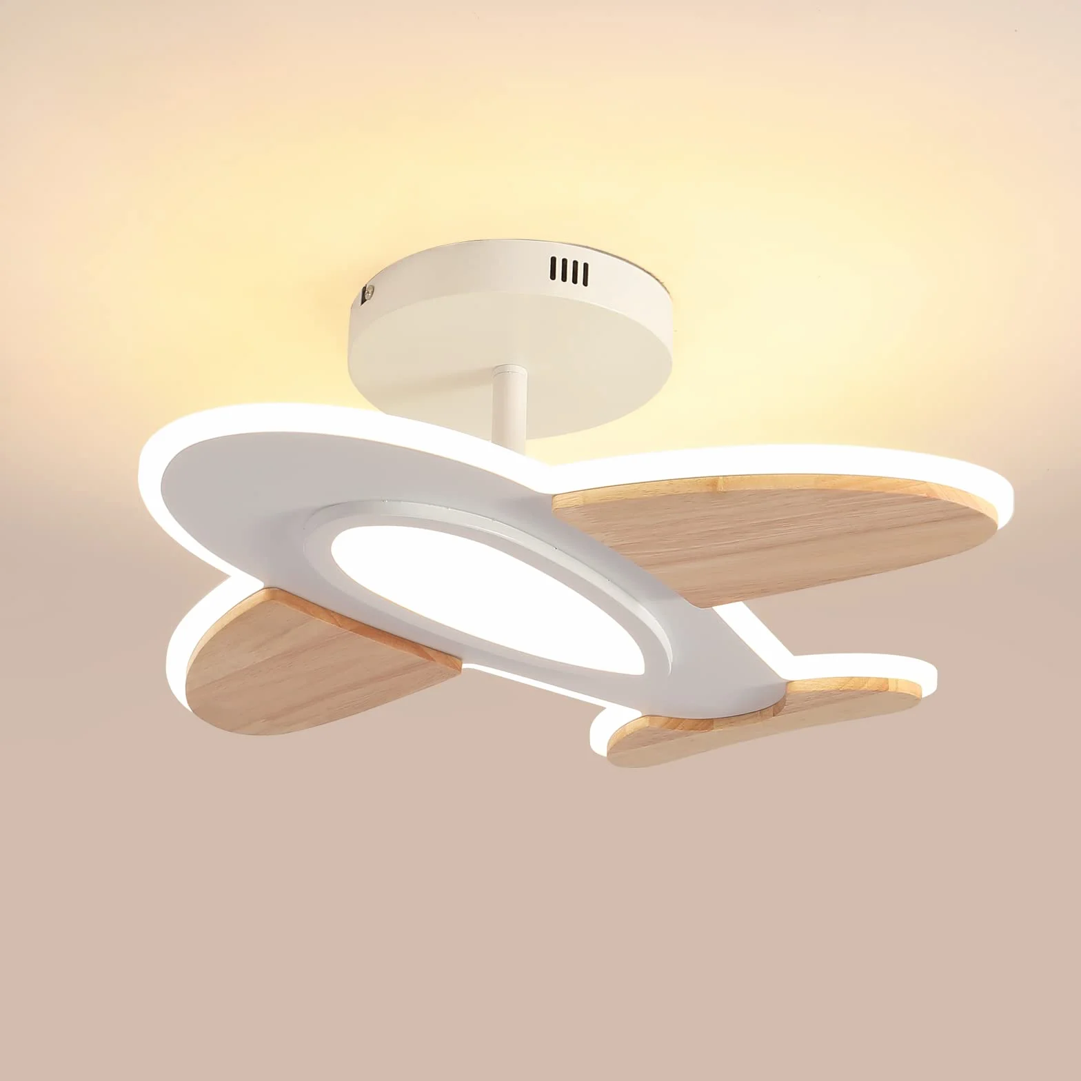 Lampa Sufitowa LED Schindora 35 W Kształt Samolotu Ściemnialna z Pilotem 50x45 cm 2700-6500 K Biała i Drewniana
