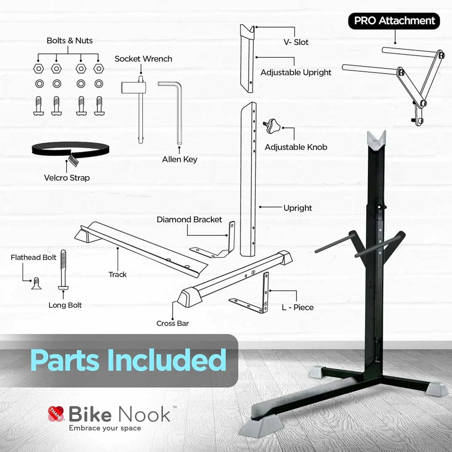 BIKE NOOK Stojak na rowery Tylne koło do użytku w pomieszczeniach, Uchwyt na rower, Systemy organizacji garażu dla rowerów, Stojak oszczędzający miejsce z regulowaną wysokością, Stojak na rowery
