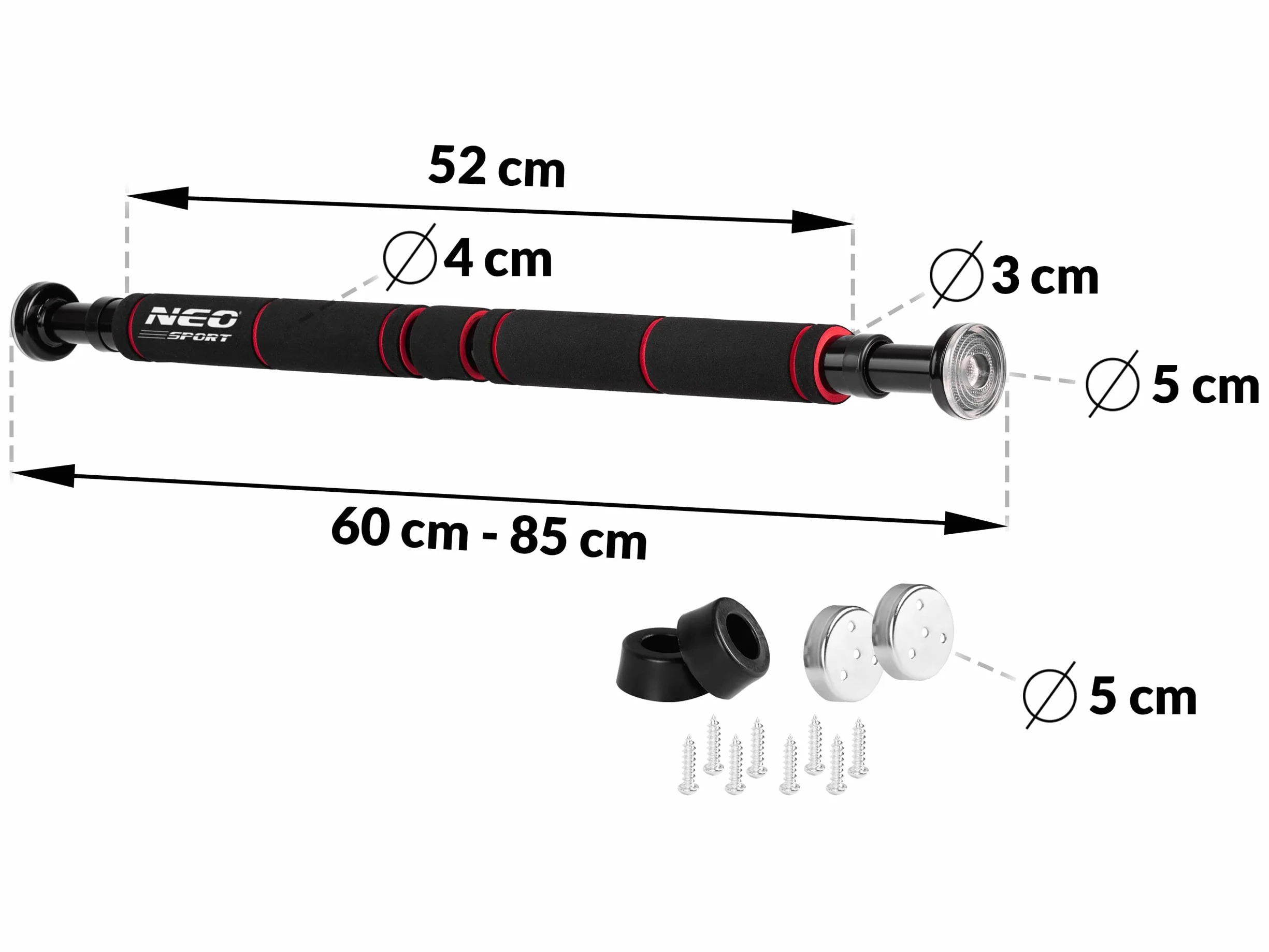 NEO SPORT Drążek Rozporowy Prosty NS-311 do Podciągania Ćwiczeń Treningu Siłowego z Wzmacnianej Stali Uchwyty z Pianki do Futryn 60-85 cm Obciążenie 150 kg