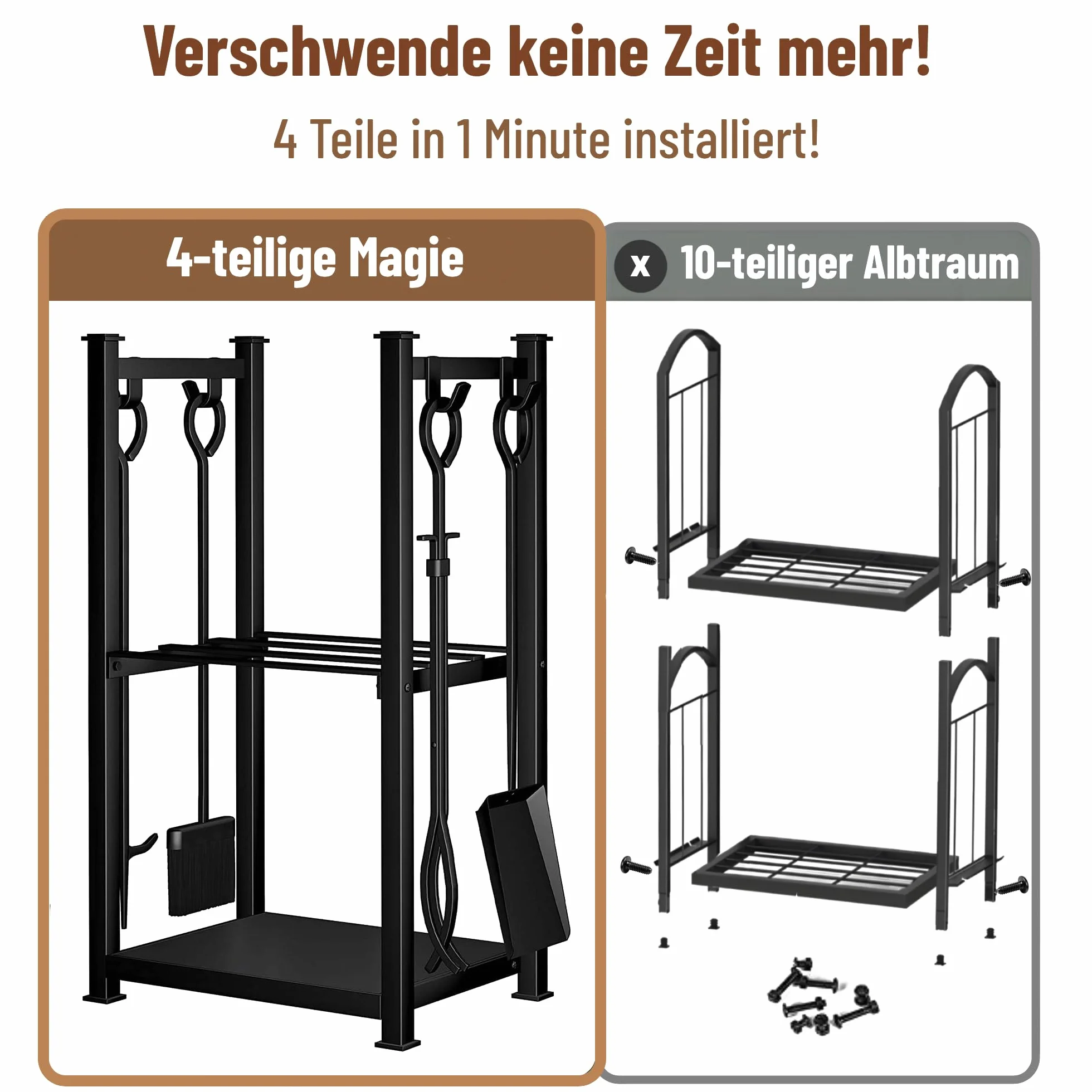 Amagabeli Uchwyt na kłody kominkowe z 4 narzędziami 72 x 46 x 30 cm, zestaw narzędzi kominkowych