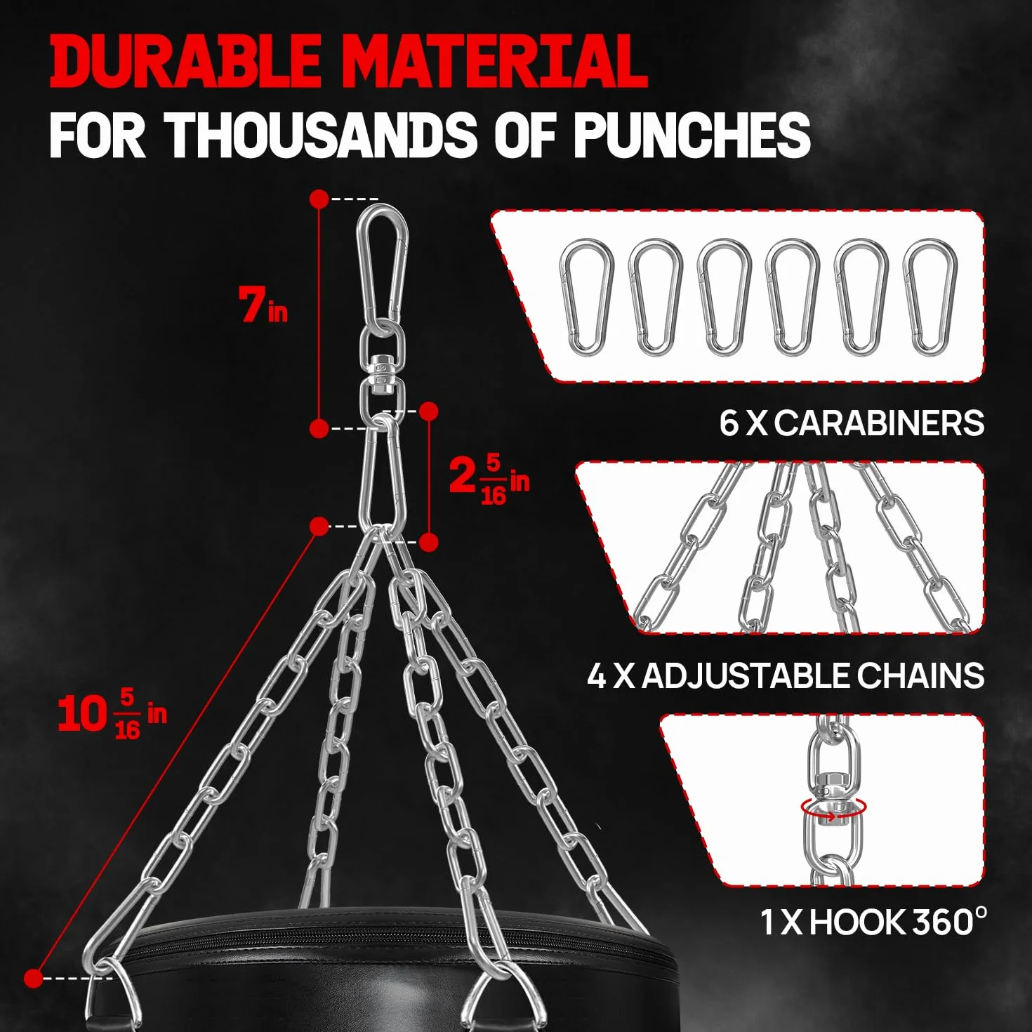 Yes4All Łańcuszek do worka bokserskiego z 4 haczykami, stal nierdzewna, obrót 360°, do 68 kg