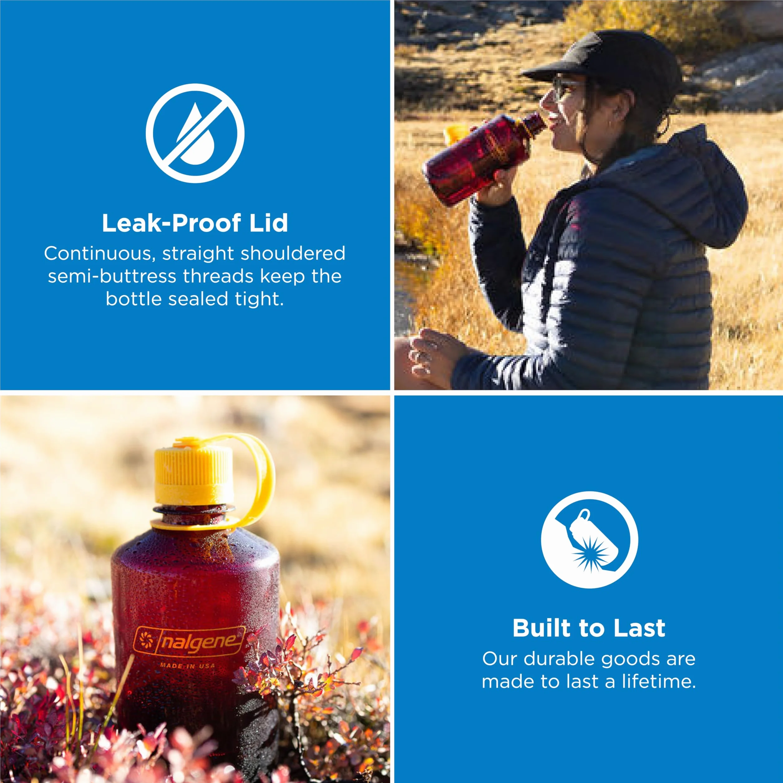 Nalgene Butelka na wodę – lekka butelka Sustain Tritan, nie zawiera BPA, nietłukąca się butelka na podróż z plecakiem, wędrówki, do studia fitness, 907 ml, wąskie usta, Laker, 32 oz