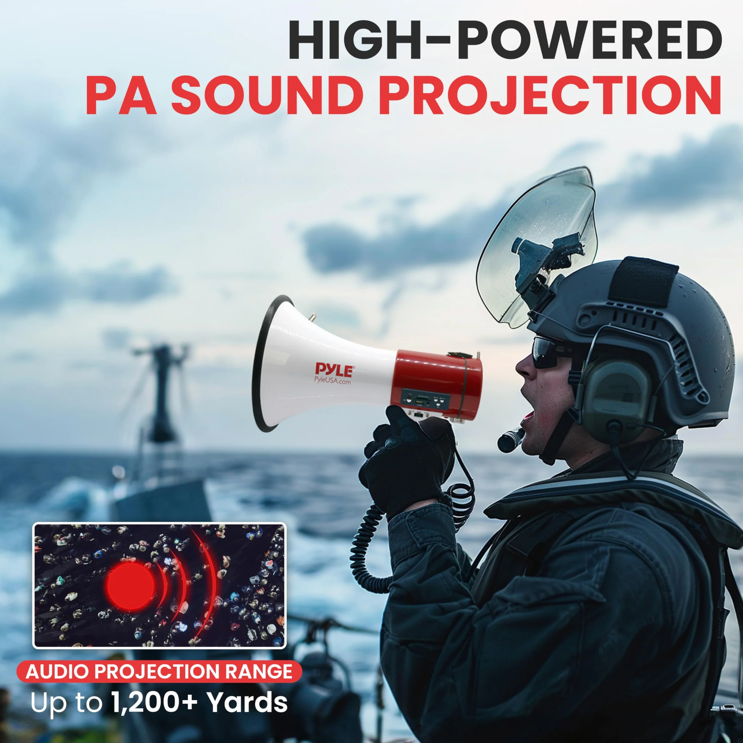 Portable Megaphone Speaker PA Bullhorn - Built-in Siren, 50W Adjustable Volume Control & 1200 Yard Range - Ideal for Any Outdoor Sports, Cheerleading Fans & Coaches or for Safety Drills - Pyle PMP52BT