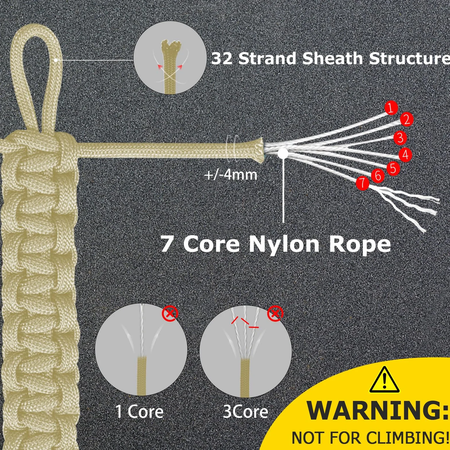 50 m linka nylonowa Paracord 550, 4 mm, 7 rdzeni, linka spadochronowa, czarna linka spadochronowa, sznurek nylonowy do bransoletki, smycz, obroży, survivalu Paracord, maks. 250 kg (50 m-khaki)