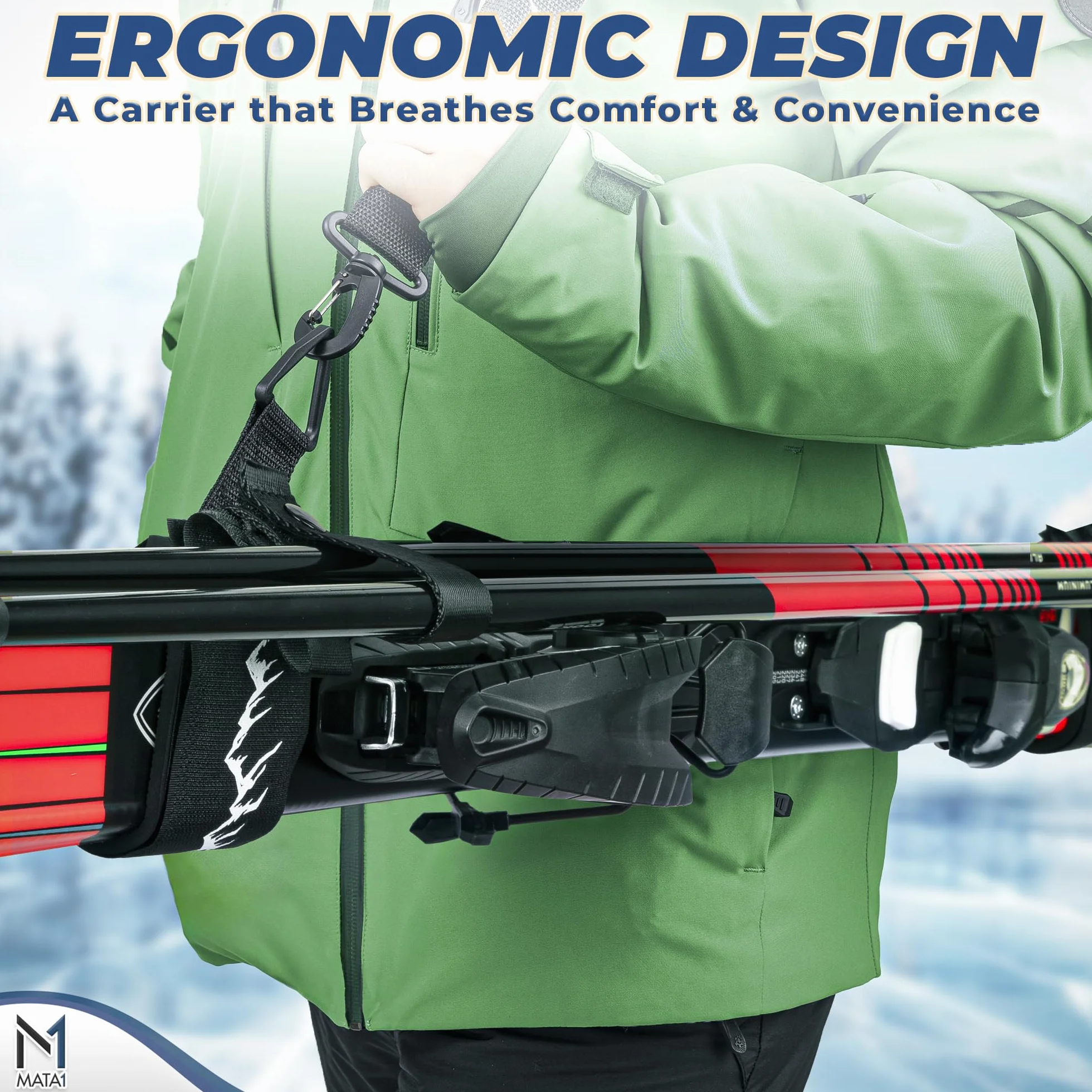 Ski Strap and Pole Carrier – Black – Adjustable shoulder strap for easy carrying of skis and poles