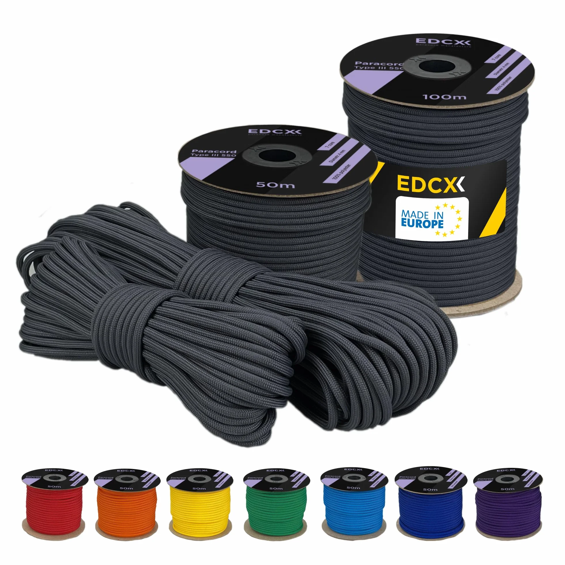 4 mm Polyester Paracord 550 (15, 30 and 50 m) – 4 mm Type III, Tear-Resistant Parachute Cord for Survival Made of 100% Polyester with 7 Wires | Solid Colours (Carbonic, 30 m)