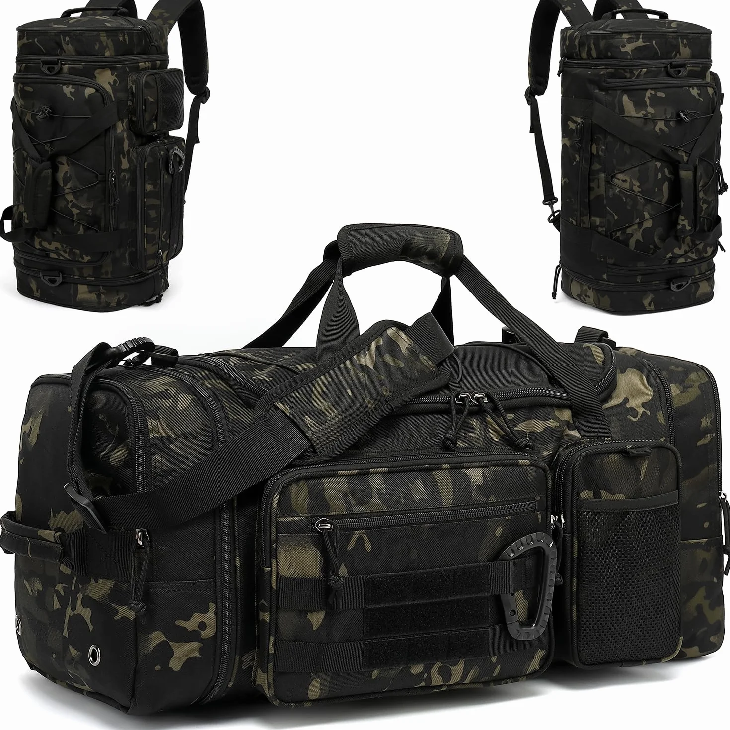 Męska taktyczna torba sportowa 50-55 l, rozciągliwa, duża torba fitness 3 w 1, wojskowa torba podróżna, Kamuflaż, 68.5 cm x 26.5 cm x 30.5 cm, podróże, siłownia, sport, kemping, weekend