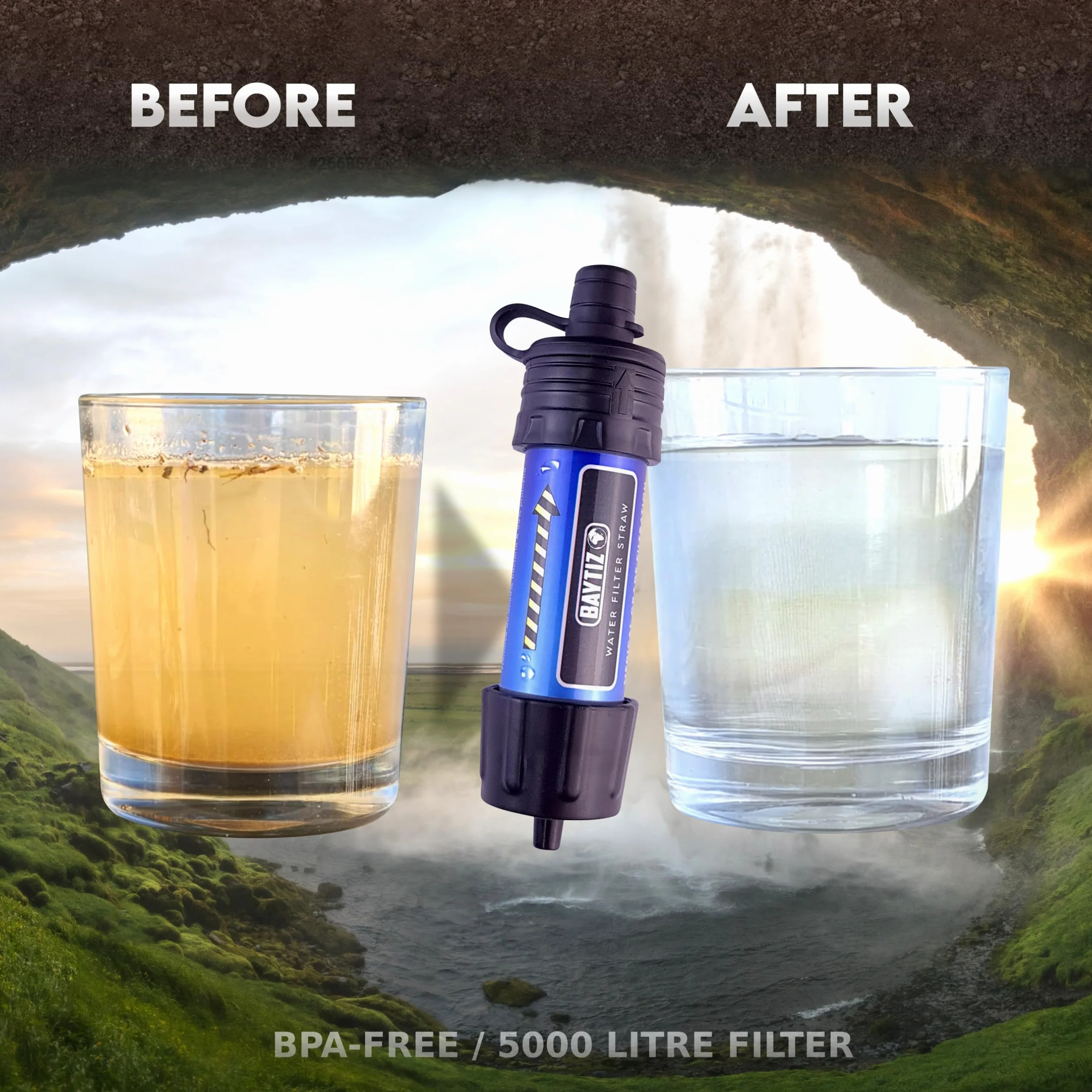 BAYTIZ ® Filtr do wody outdoorowej z butelką wyciskaną – survivalowy filtr wody + butelka na napoje – wyposażenie awaryjne, system filtrowania wody pitnej na kemping, wędrówki, gadżety, filtry wody,