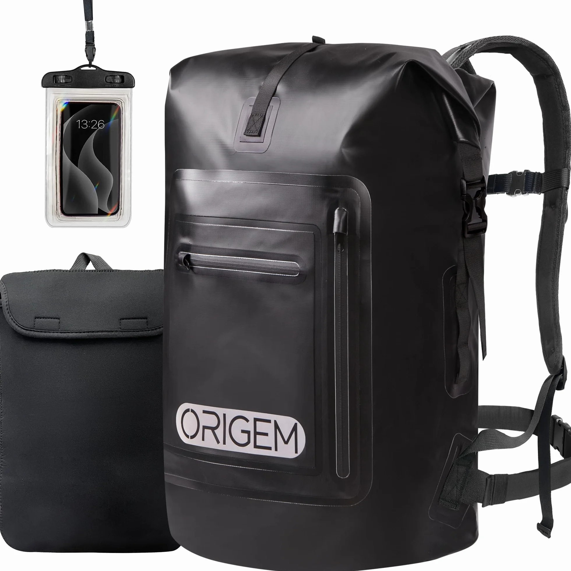 Origem Wodoodporny plecak 35 l / 55 l / 85 l / 85 l / 85 l, zwijany top z wyściełanym panelem tylnym i paskami na ramię oraz wodoodporną torbą na telefon i etui na laptopa, wodoodporna torba na