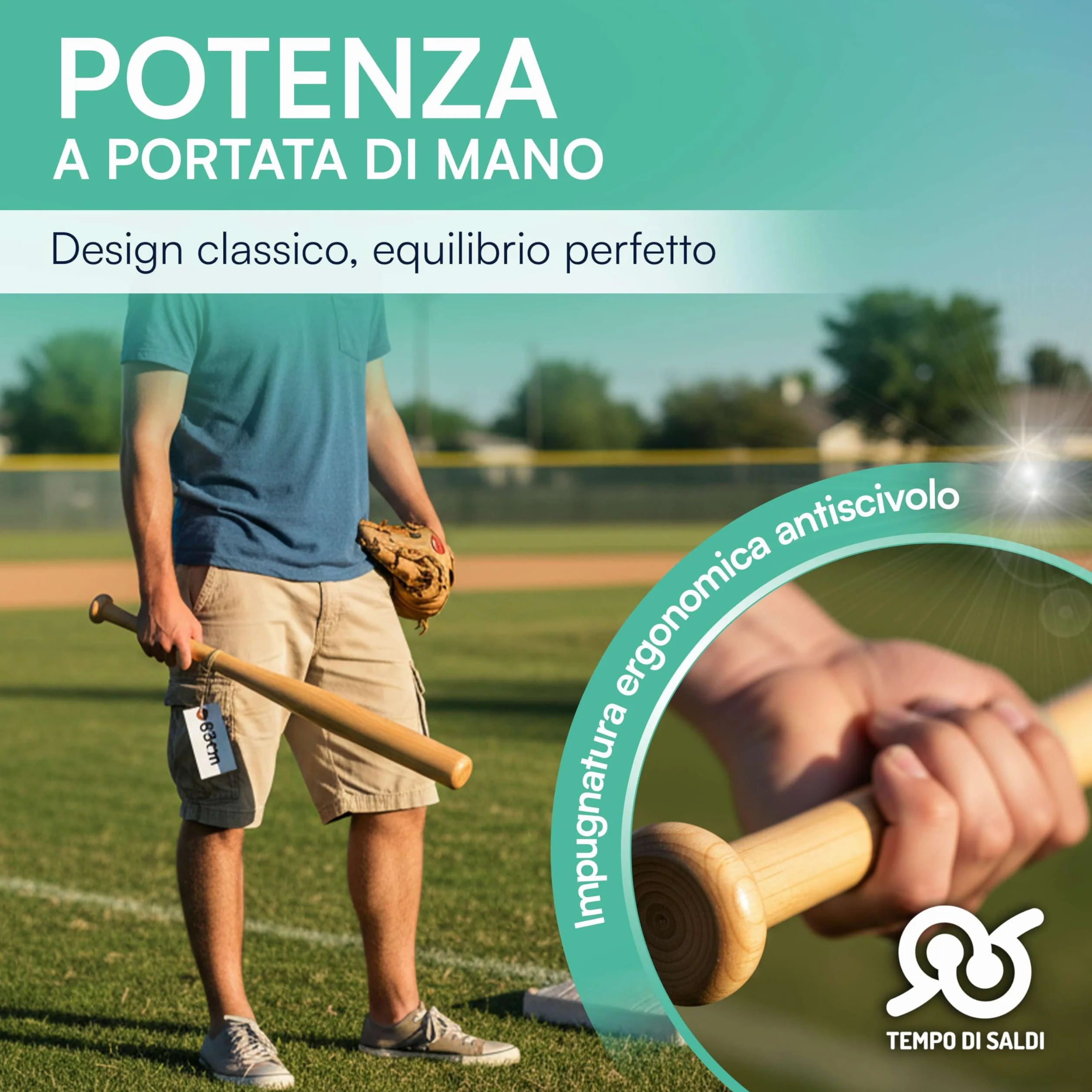 TEMPO DI SALDI Drewniany kij baseballowy o długości 63 cm i wadze 700 g, trwały i poręczny, drewniany kij Softball idealny do treningu i wypoczynku, bejsbolówka