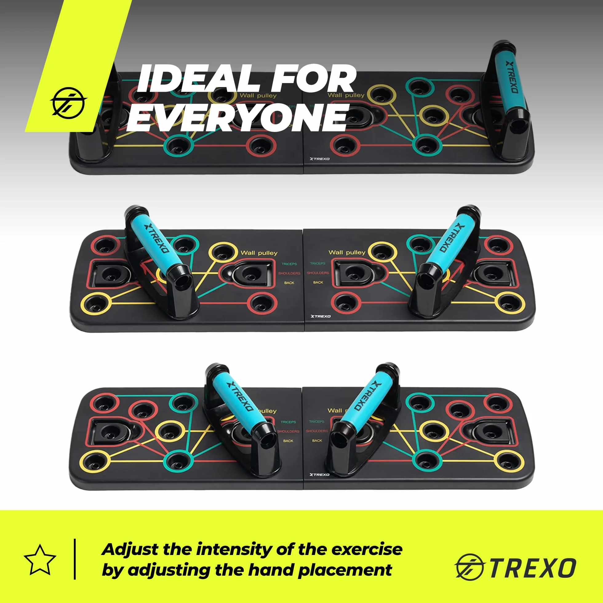XTREXO Wielofunkcyjna deska do pompek w kolorze czarnym, z kodami kolorystycznymi, urządzenie do fitnessu z tworzywa ABS i TP Comapect, 66 x 20 x 2 cm, uniwersalny trening siłowy, antypoślizgowe