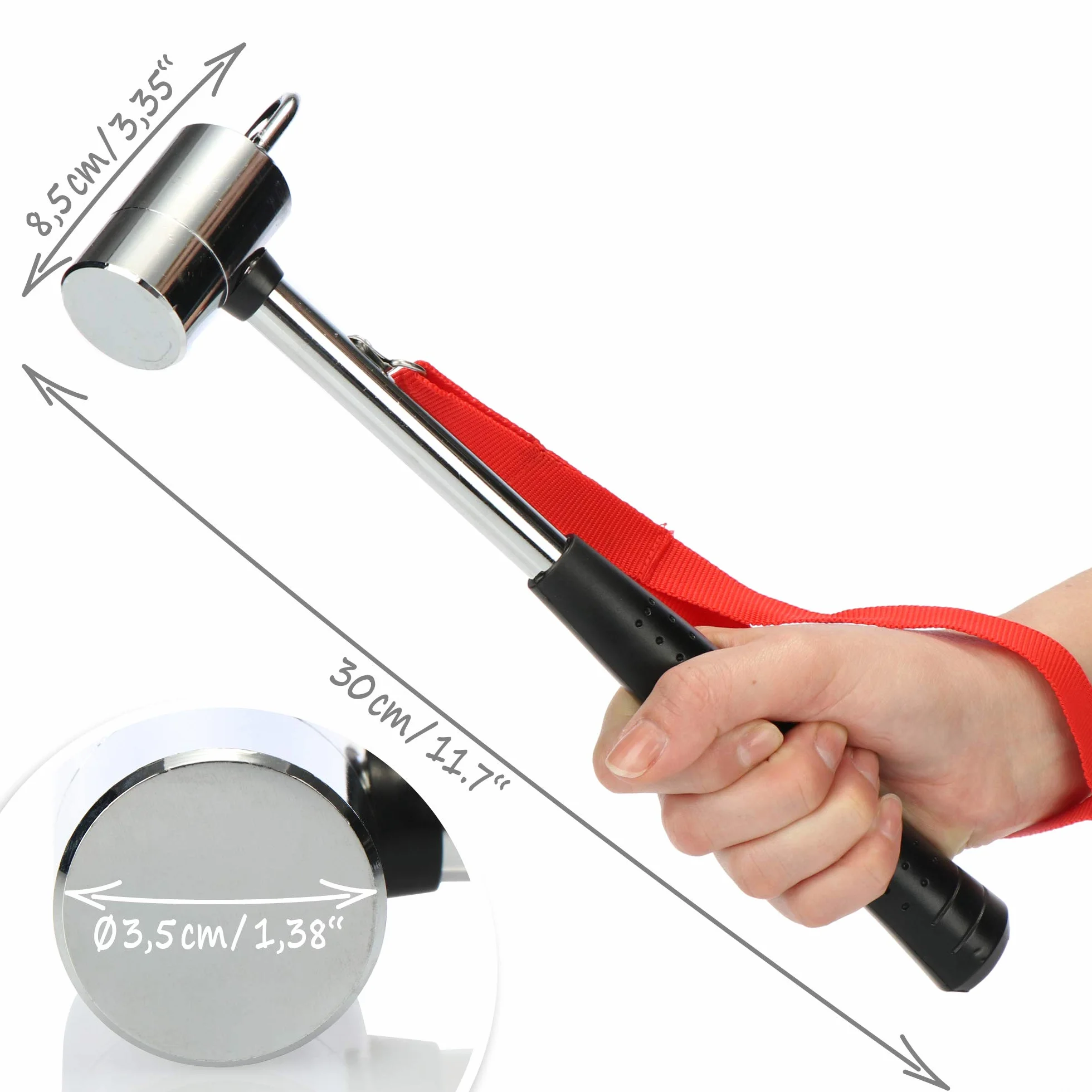 COM-FOUR® Mlotek kempingowy - Mlotek namiotowy z paskiem na reke - Mlotek do sledzi wykonany ze stali weglowej, chromowany - Akcesoria kempingowe (Mlotek do namiotu ze stali weglowej - 1 sztuka)