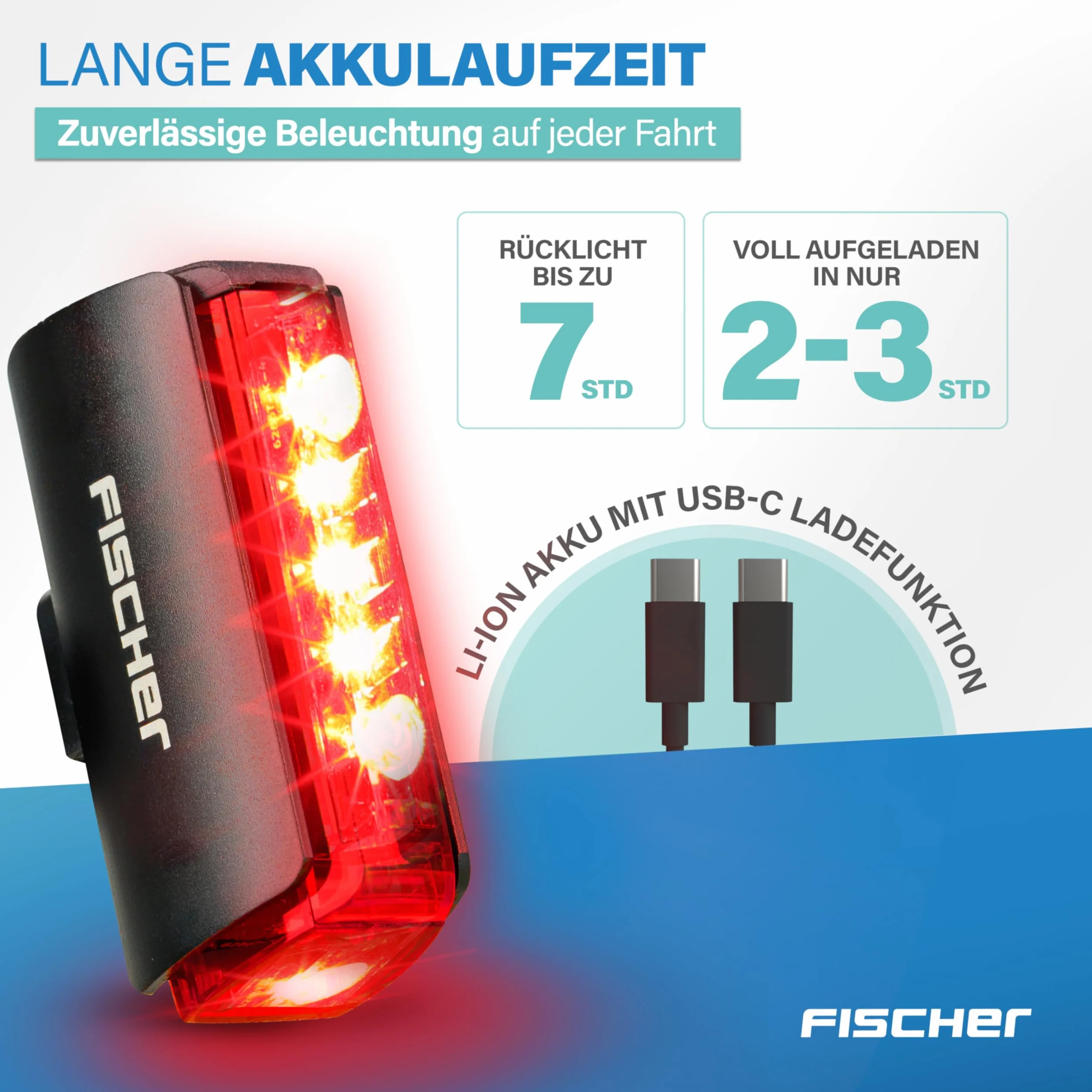 Fischer Tylne światło rowerowe LED z akumulatorem Twin Stop, z dodatkowym oświetleniem podłogowym i światłem hamowania, aluminiowa obudowa, czas świecenia do 8 godzin, kolor czarny, 1 sztuka
