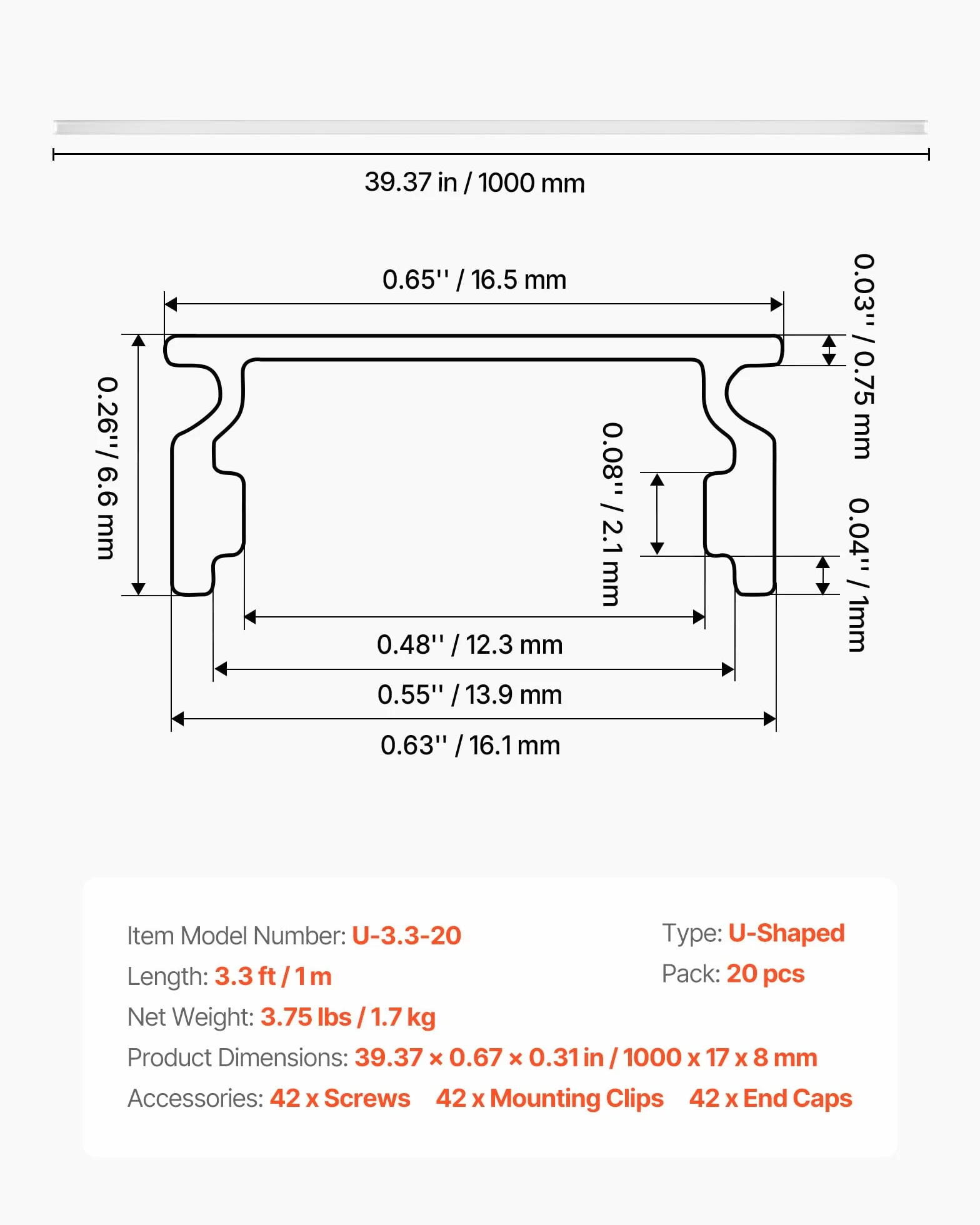 VEVOR Profil aluminiowy do taśmy LED 1m, opakowanie 20 sztuk, kanał świetlny z dyfuzorem opalnym