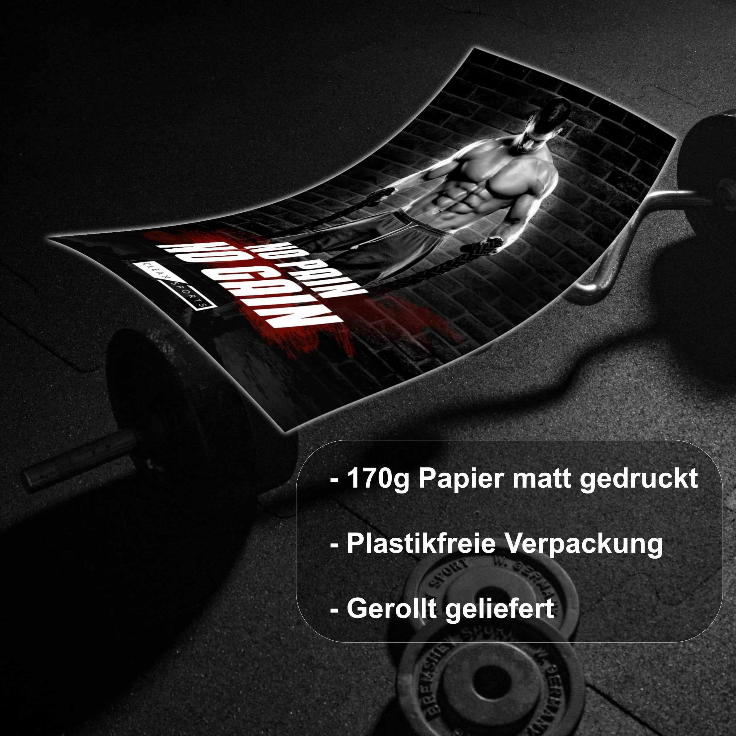 CLEAN SPORTS Plakat fitness – zestaw 4 obrazów motywacyjnych dla obrazków ciała w formacie DIN A2 – plakat treningowy do studia fitness i domu – bez ramki, idealna dekoracja do Twojej sali treningowej