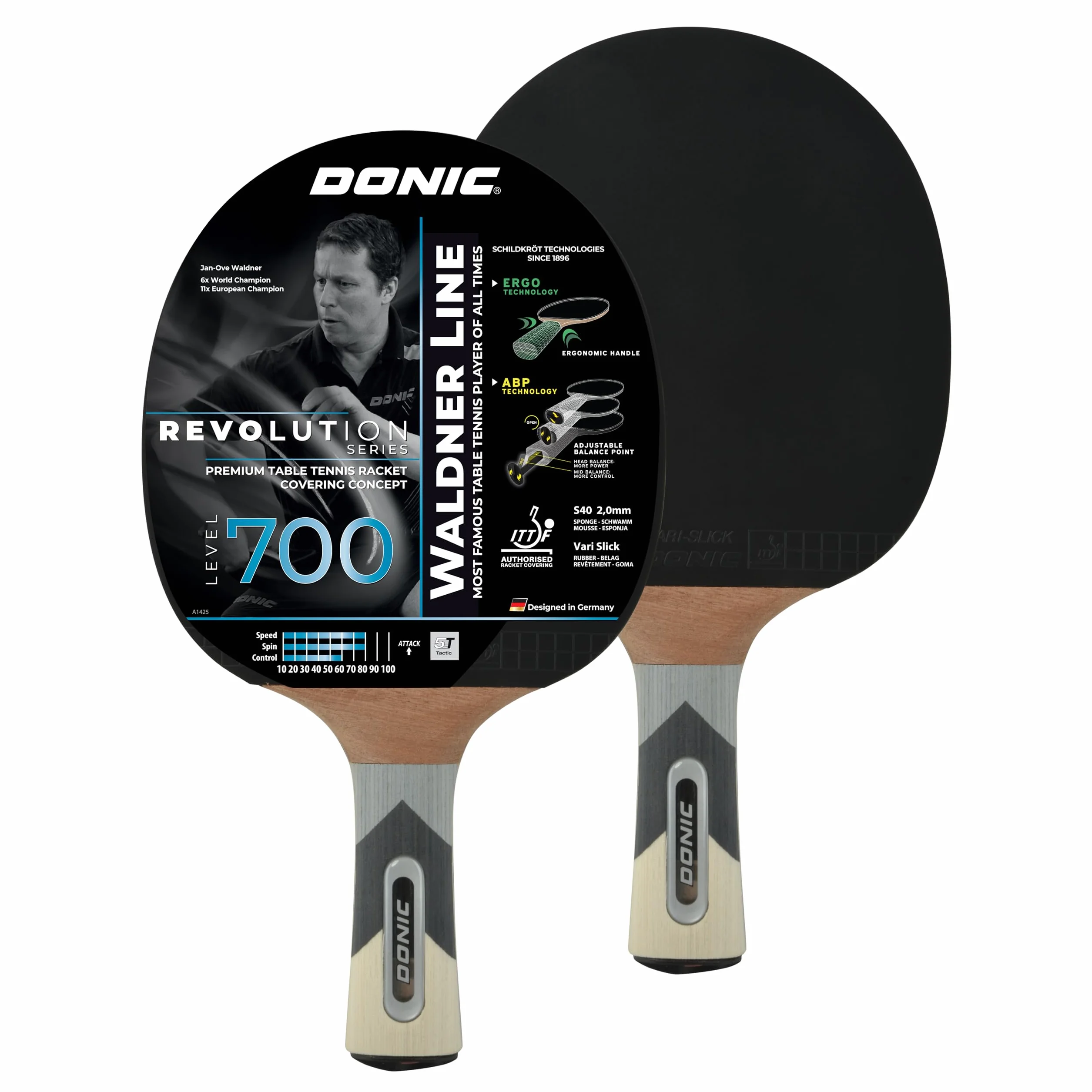 Donic-Schildkröt Waldner 700 kij do tenisa stołowego, uchwyt ABP, gąbka 2,0 mm, podkładka 3-gwiazdkowa ITTF