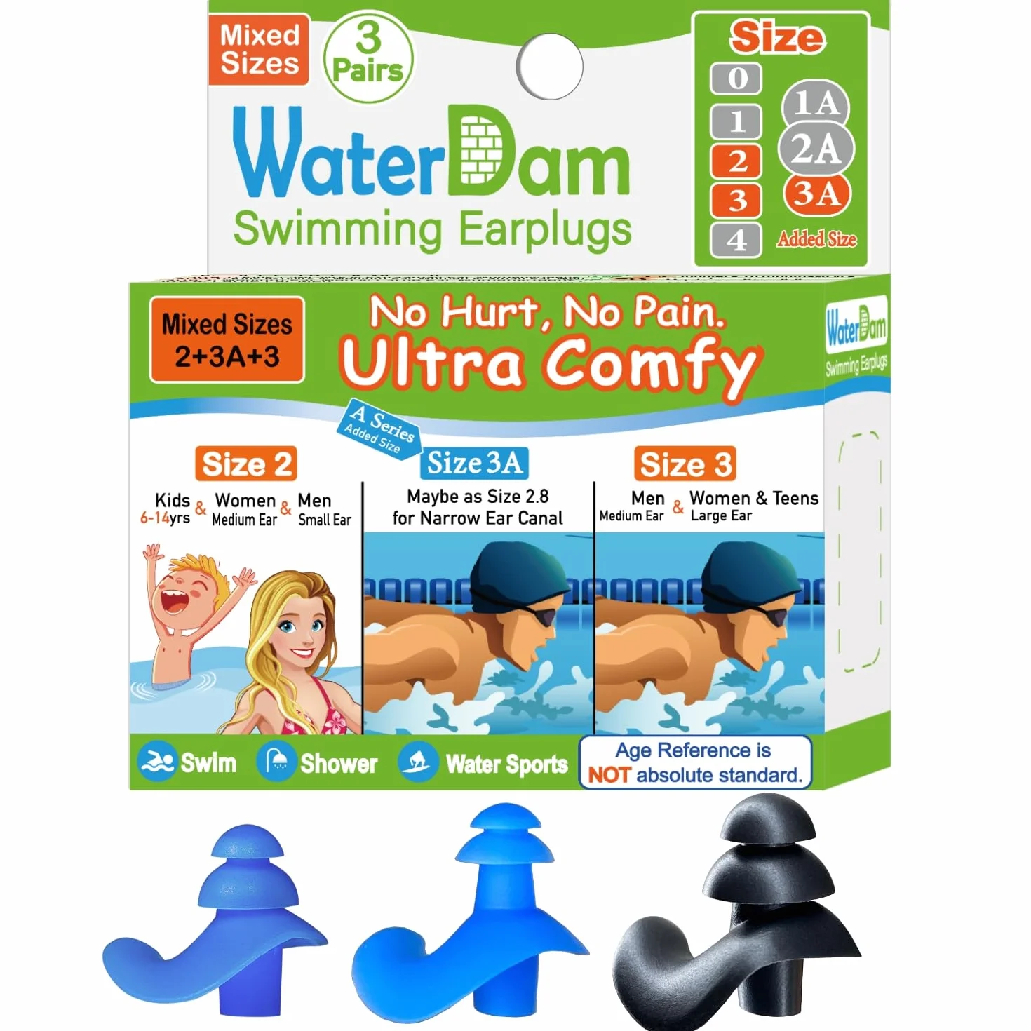 WaterDam Zatyczki do uszu do pływania wodoodporne rozmiar 2+3A+3