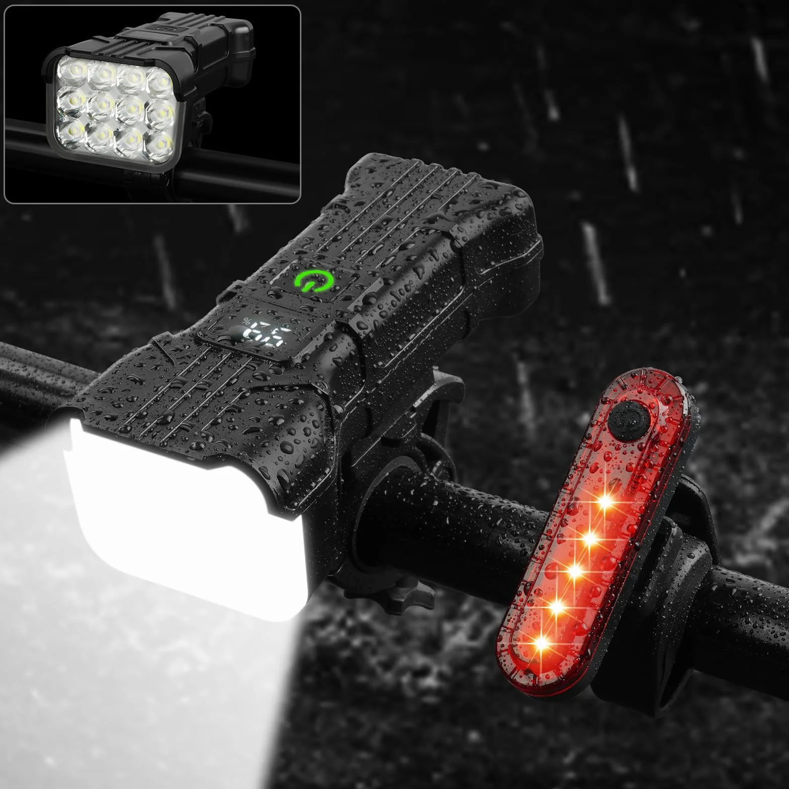 URAQT 12LED Światła rowerowe przednie i tylne, z akumulatorem, wodoodporne, IP65, 1800 mAh, 9500 l, światło rowerowe, 6+5 trybów, światło przednie z brzęczykiem, do jazdy na rowerze górskim i szosowym