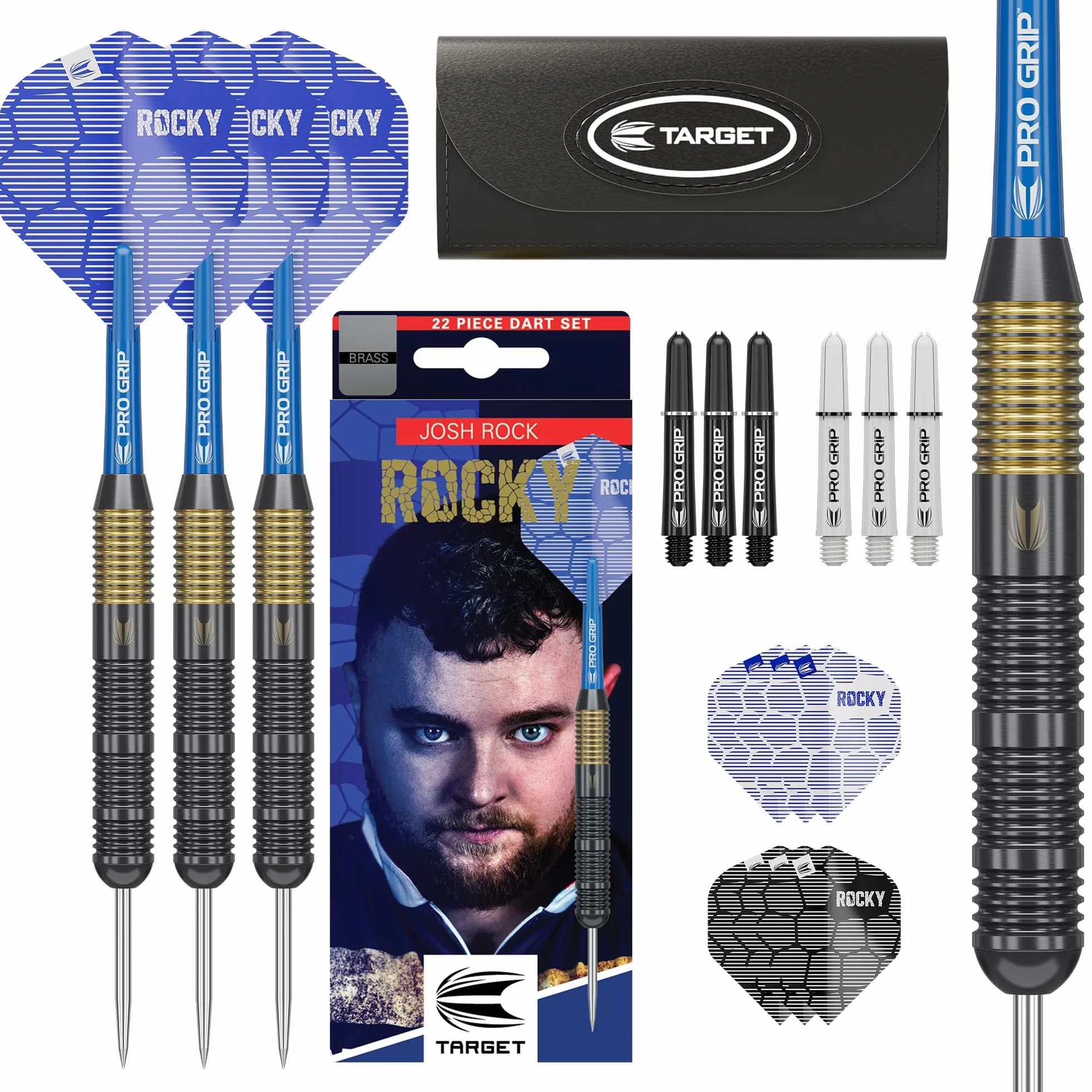 Target Darts Josh Rock Steel Tip Darts, 22G Brass Darts, | Zestaw rzutek Nickel Fixed Point, rzutki dla graczy ze stałymi końcówkami z czarnej stali, profesjonalne akcesoria do rzutek i etui na rzutki