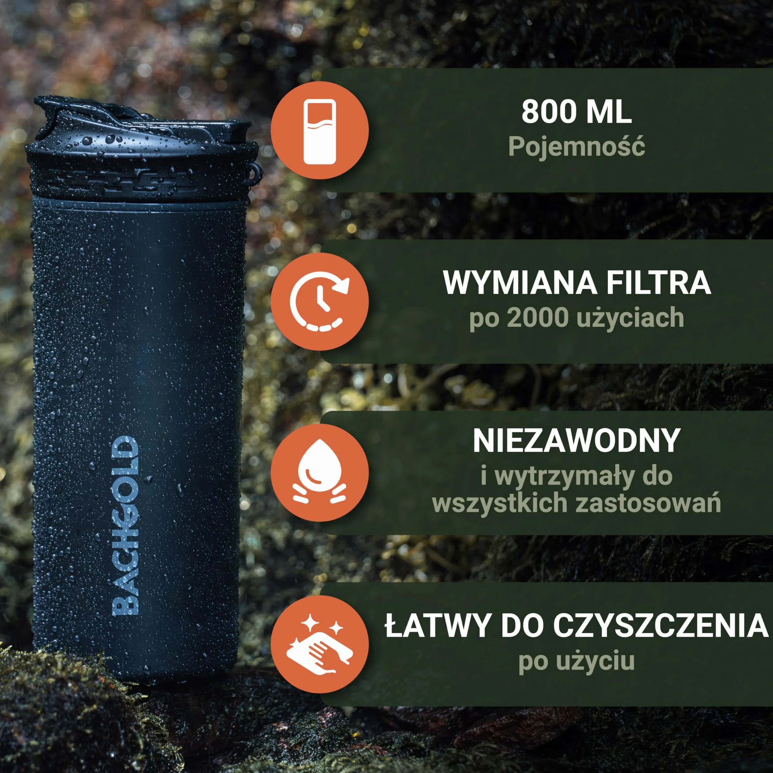Bachgold Zewnętrzny filtr do wody 1500 l Usuwa 99,99% bakterii mikroplastik chlor Odporny na blaknięcie do butelek 800ml