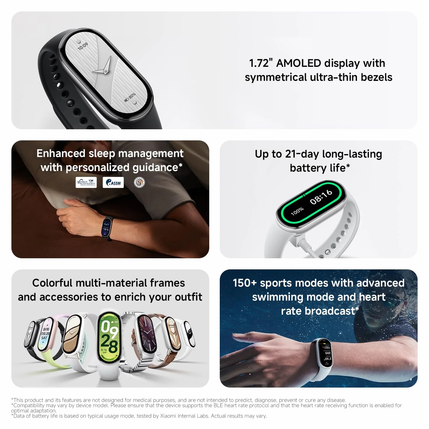 Xiaomi Smart Band 10, Smart Watch, Fitness Tracker, wyświetlacz AMOLED 1,72", akumulator 21 dni, wodoszczelność 5ATM, SPO₂ i pomiar tętna, monitorowanie snu, 150+ trybów sportowych, srebrny