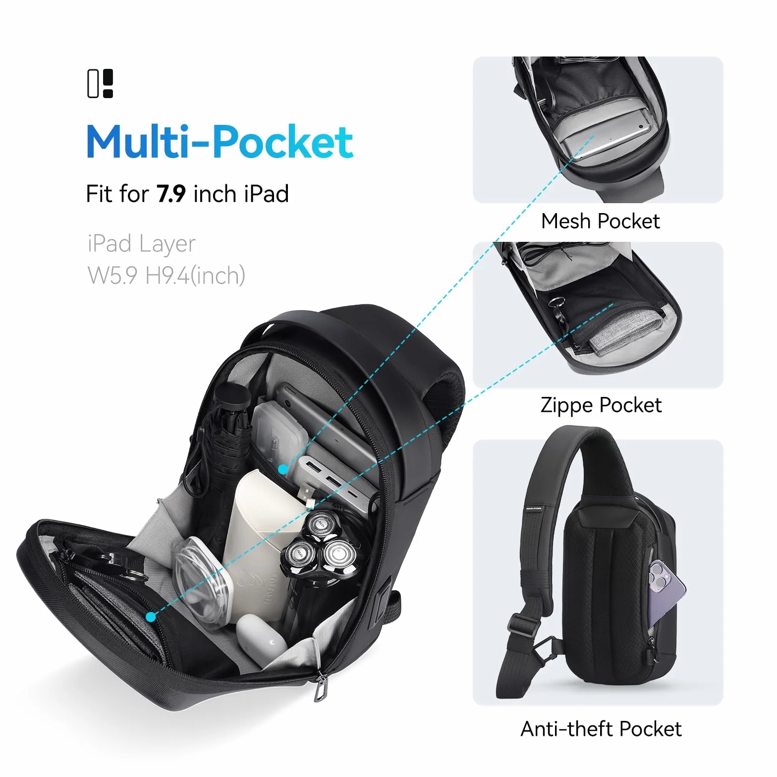 MARK RYDEN Sling Bag męska twarda obudowa, odporna na przecięcia i odporna na uderzenia, torba na ramię z przyłączem USB do ładowania, wodoszczelna torba na ramię do podróży, uprawiania sportu, jazdy