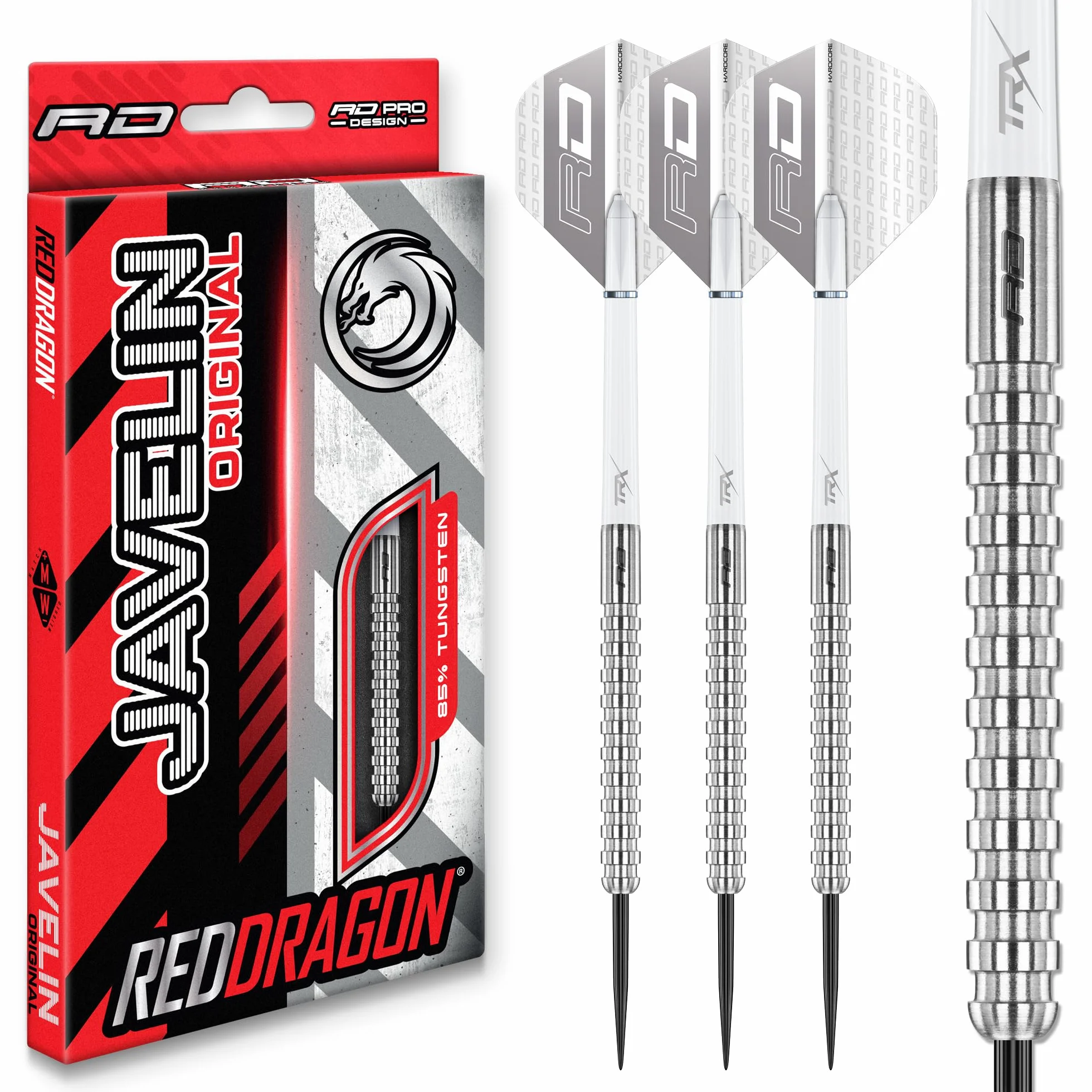 RED DRAGON Javelin Darts-Javelin Original-85% profesjonalny zestaw rzutek wolframowych z lotkami i trzonkami - stalowe końcówki dostępne w rozmiarach 20 g, 21 g, 22 g, 23 g, 24 g, 25 g i 26 g
