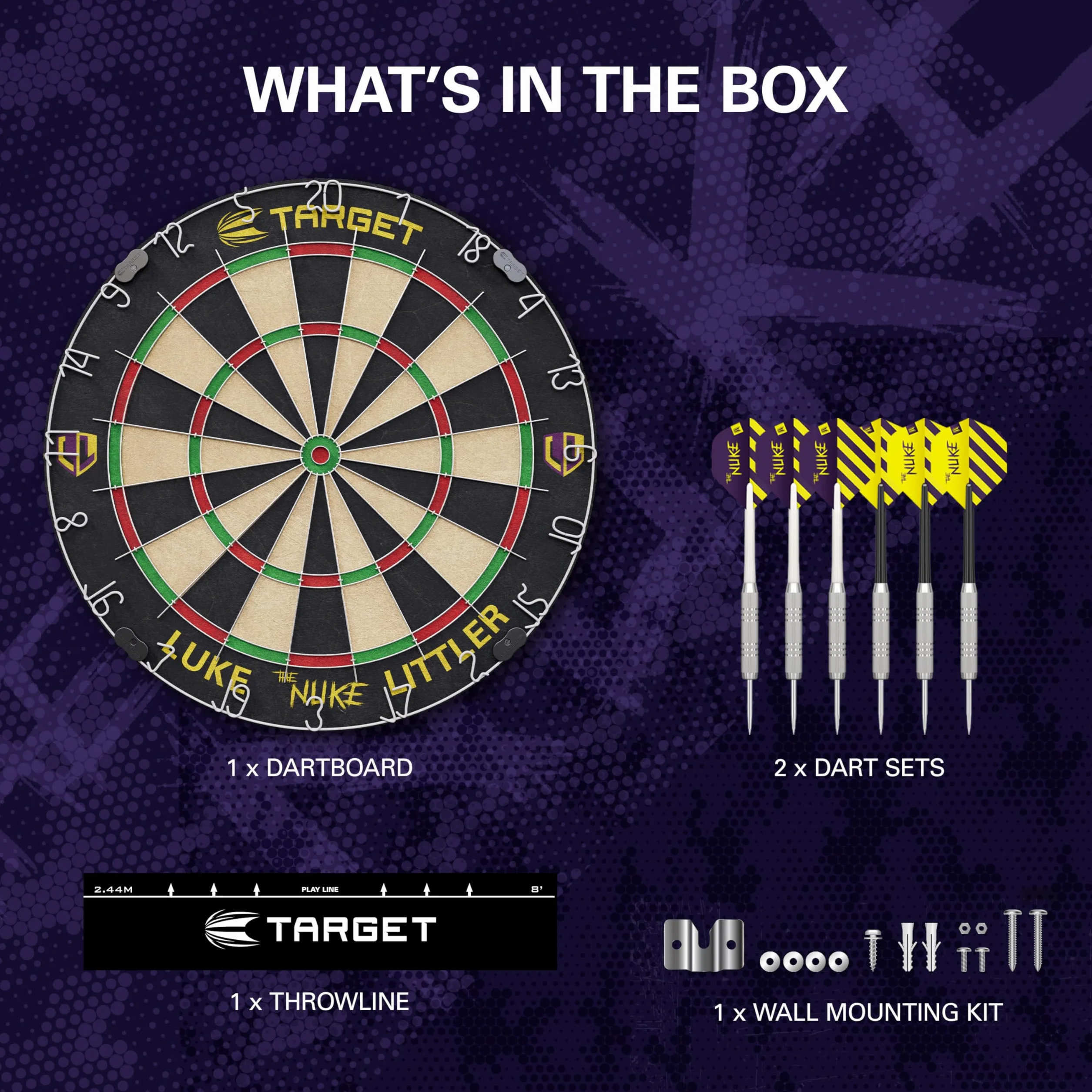 Target Darts Player Dartboard Set | Luke Littler/Dimitri Van den Bergh/Gabriel Clemens | Tarcza do rzutek w wersji dla graczy z 2 zestawami rzutek ze stalowymi końcówkami, standardowa linia w zawodach