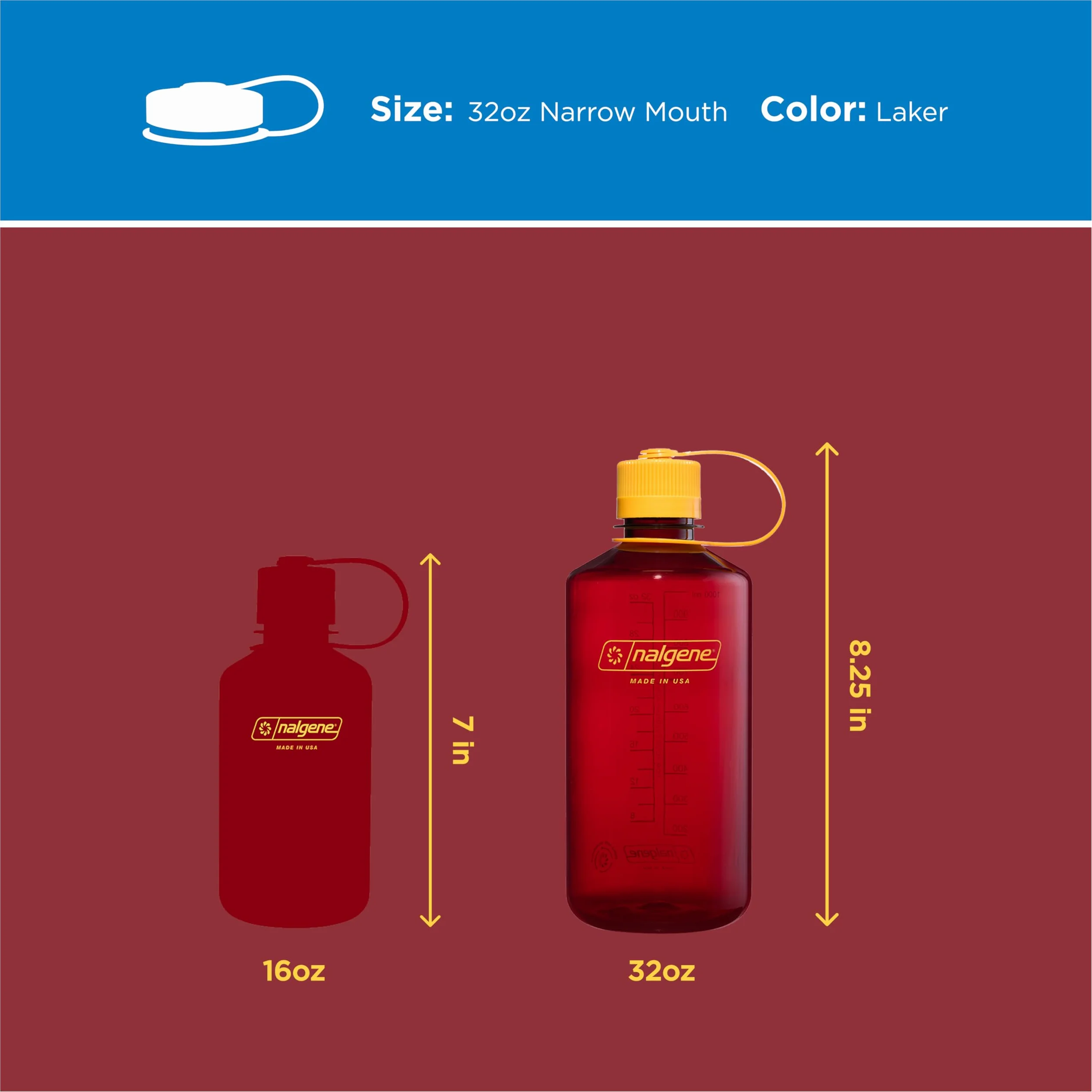 Nalgene Butelka na wodę – lekka butelka Sustain Tritan, nie zawiera BPA, nietłukąca się butelka na podróż z plecakiem, wędrówki, do studia fitness, 907 ml, wąskie usta, Laker, 32 oz