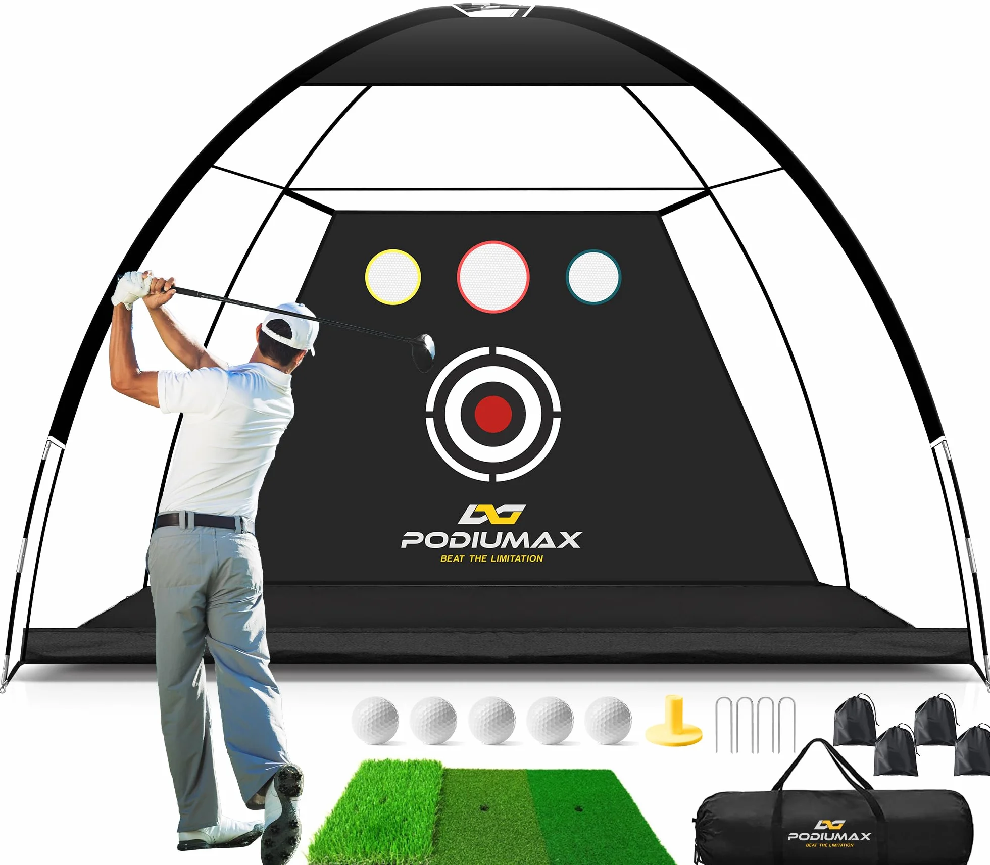 PodiuMax Siatka golfowa 3 x 2 m z matą do ćwiczeń, zestaw 5 piłek i torba