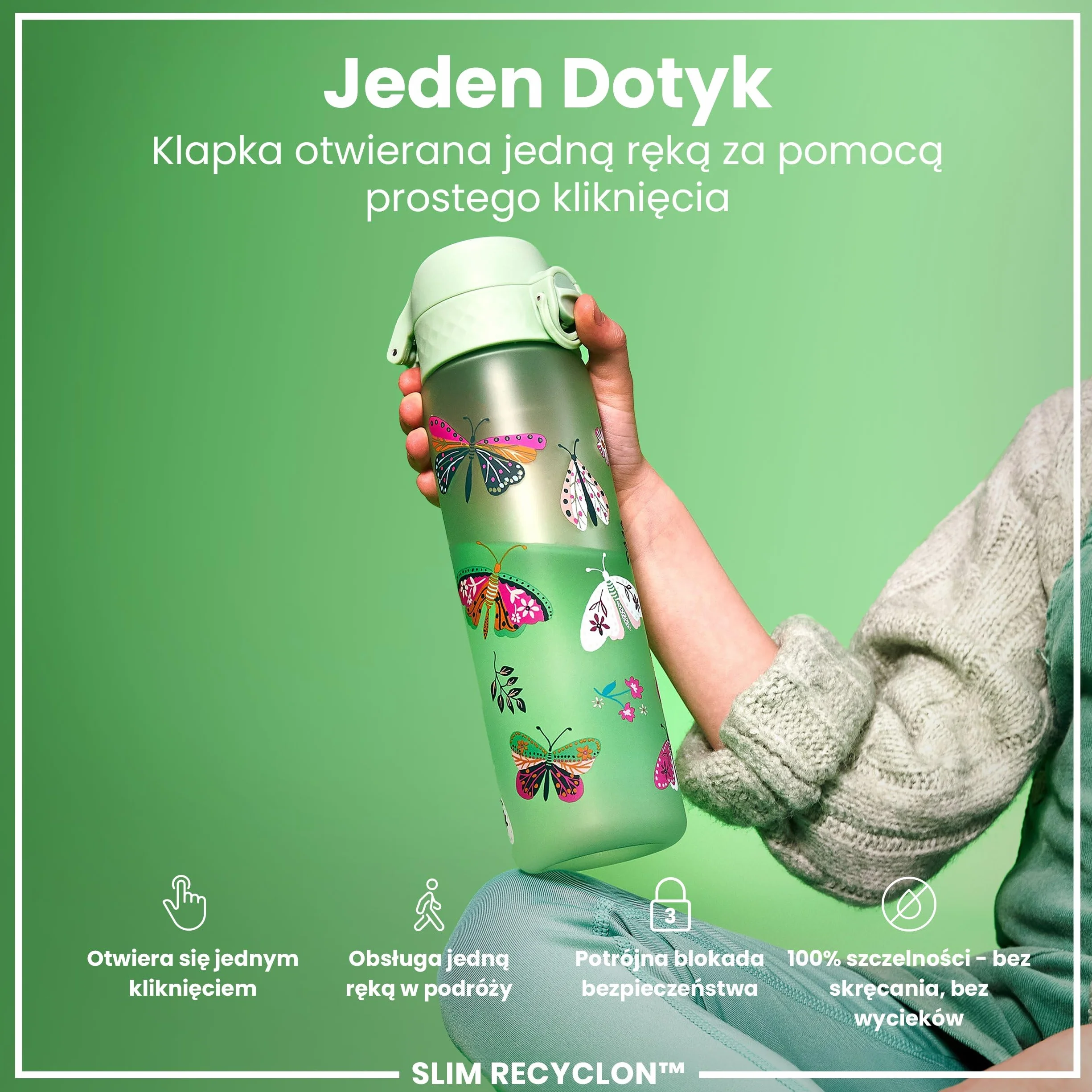 ION8 Butelka na Wodę, 500 ml/18 oz, Szczelna, Łatwe Otwieranie, Bezpieczny Zamek, Można Myć w Zmywarce, Bez BPA, Higieniczne Pokrycie, Uchwyt do Przenoszenia, Łatwa Czyszczenie, Bezwonny, Dziki Motyl