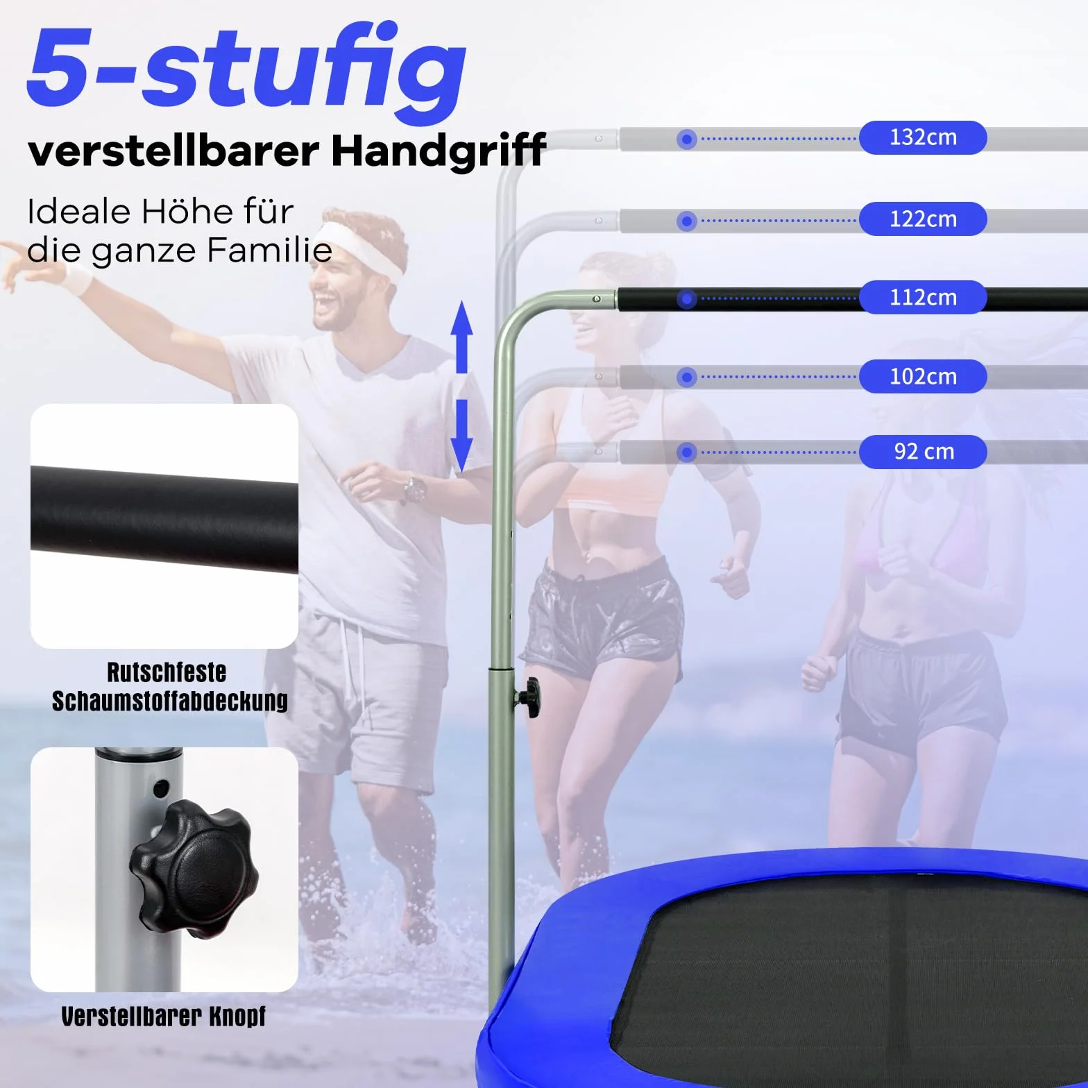 COSTWAY Trampolina dla 2 osób z uchwytem o regulowanej wysokości, obciążająca do 150 kg, składana (niebieska)