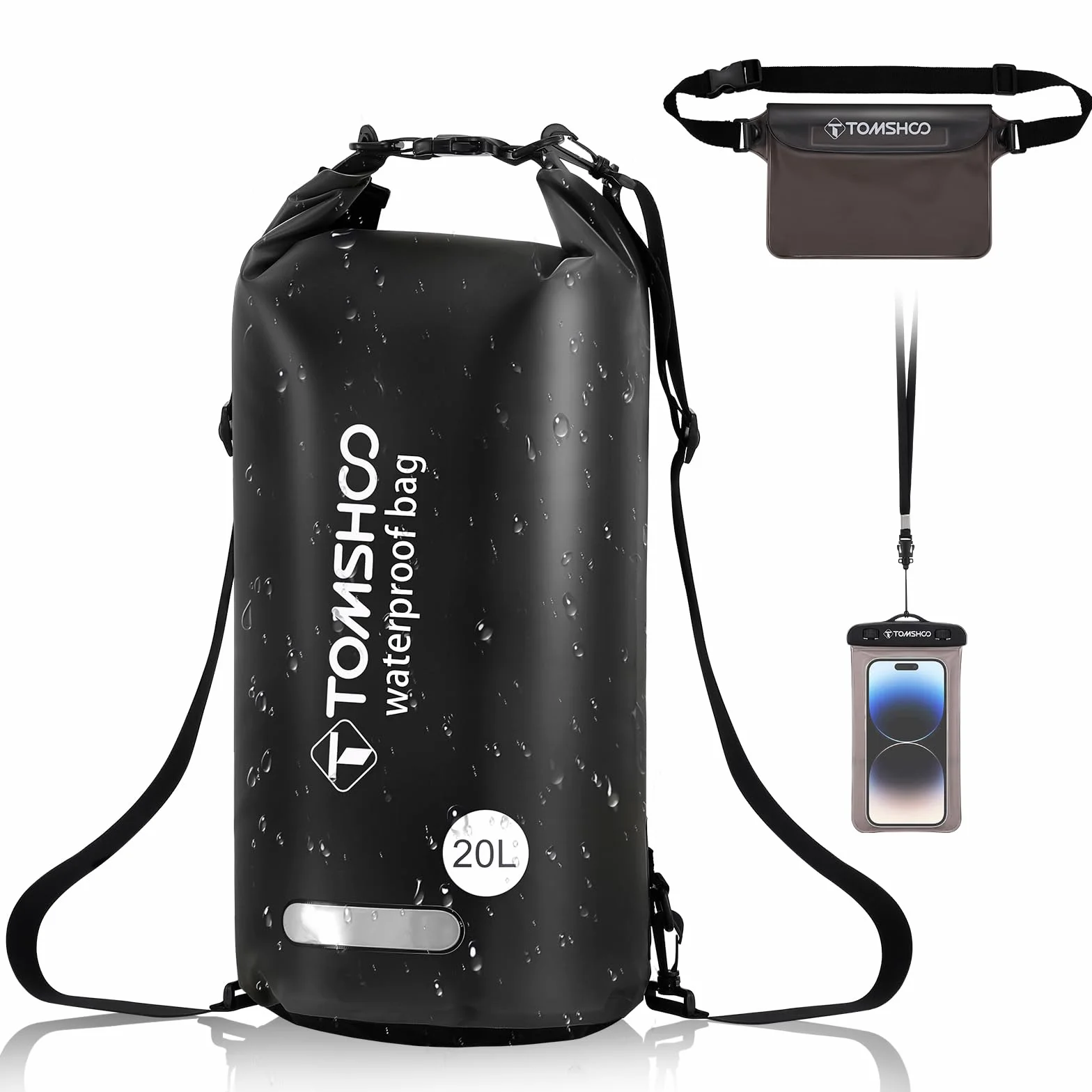 TOMSHOO Dry Bag Set, Wodoodporny Plecak 10L/20L z Wodoodpornym Pokrowcem i Kieszeń na Telefon Komórkowy, Regulowany Pasek na Ramię, Wodoodporny Plecak na Spływy Kajakowe, 20L, Czarny