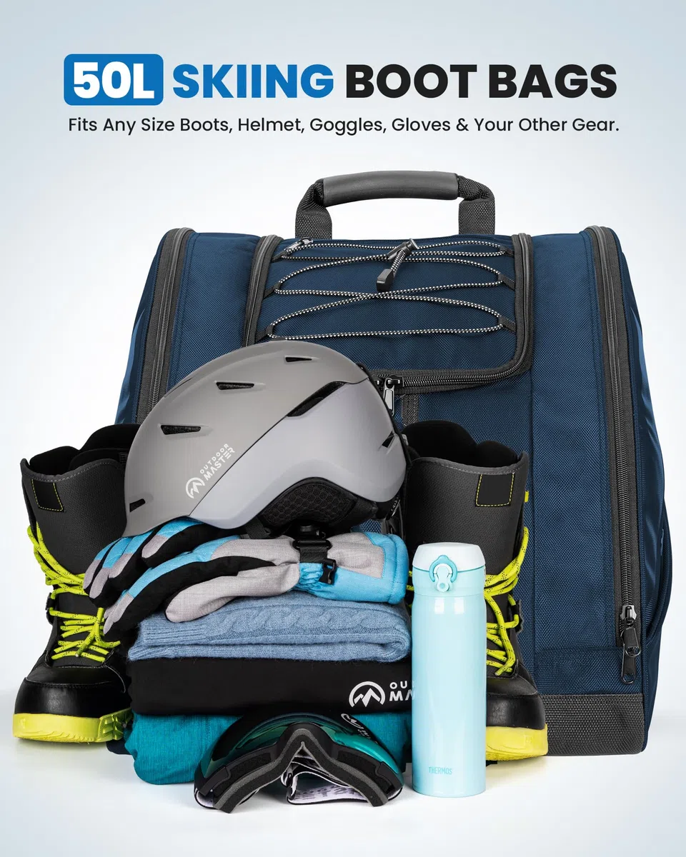 OutdoorMaster Torba na buty - 50 l torba na buty narciarskie i buty snowboardowe, doskonała do podróży, z wodoodporną powierzchnią zewnętrzną i dolną, dla mężczyzn, kobiet i młodzieży
