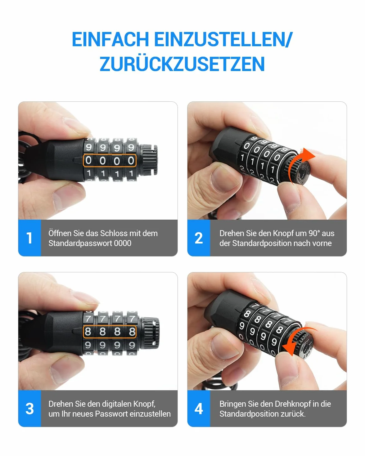 Sportneer Zamek rowerowy kablowy 180 cm, zamek szyfrowy ze stopu cynku i tworzywa ABS, 4-cyfrowy kod