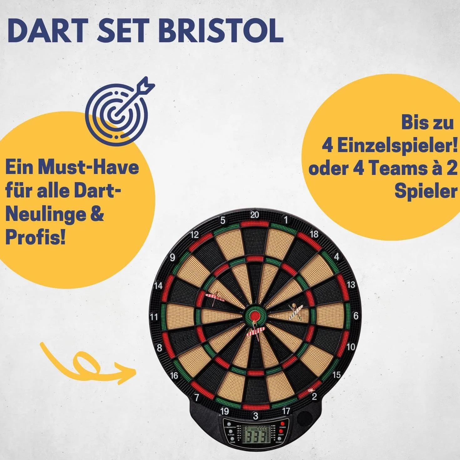 Best Sporting 862086 – elektroniczna tarcza do darta Bristol, tarcza do darta z 6 rzutkami i 12 końcówkami zapasowymi, wyświetlacz LCD i dźwięk, 21 gier w 65 wariantach, zasilana na baterie