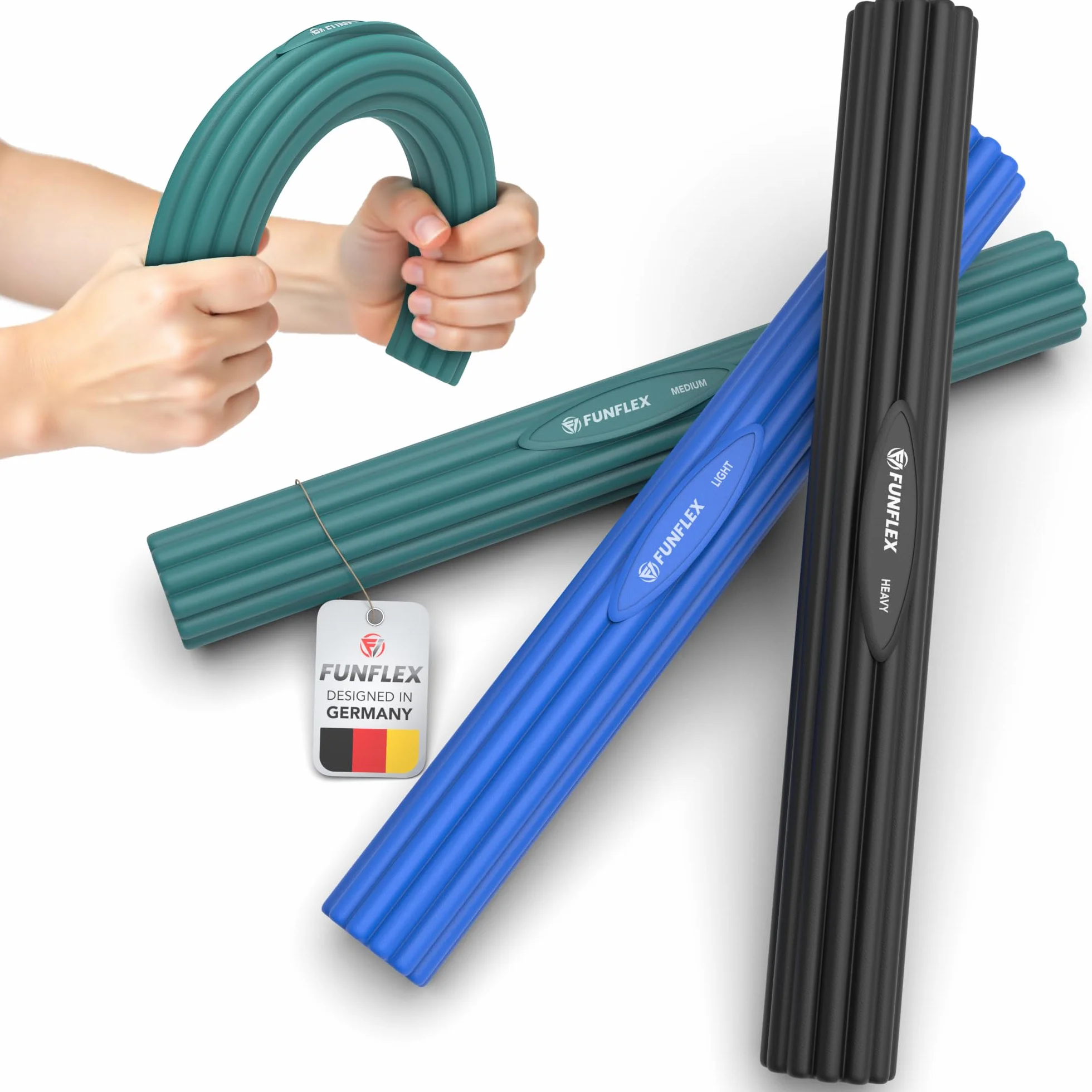 FUNFLEX Zestaw Flex Therapy Bar – 3 poziomy oporu – Elastyczne drążki treningowe do rąk, nadgarstków i ramion – Trening siły i mobilności