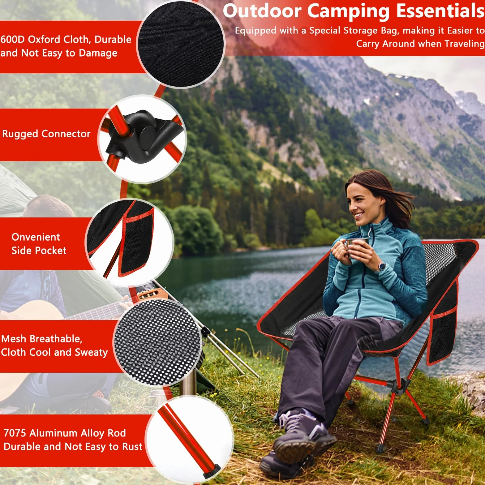 ZLPBAO Krzesło kempingowe, przenośne składane krzesło z kieszenią - BIS 160 kg Campingstuhl Klappbar Klappstuhl Camping